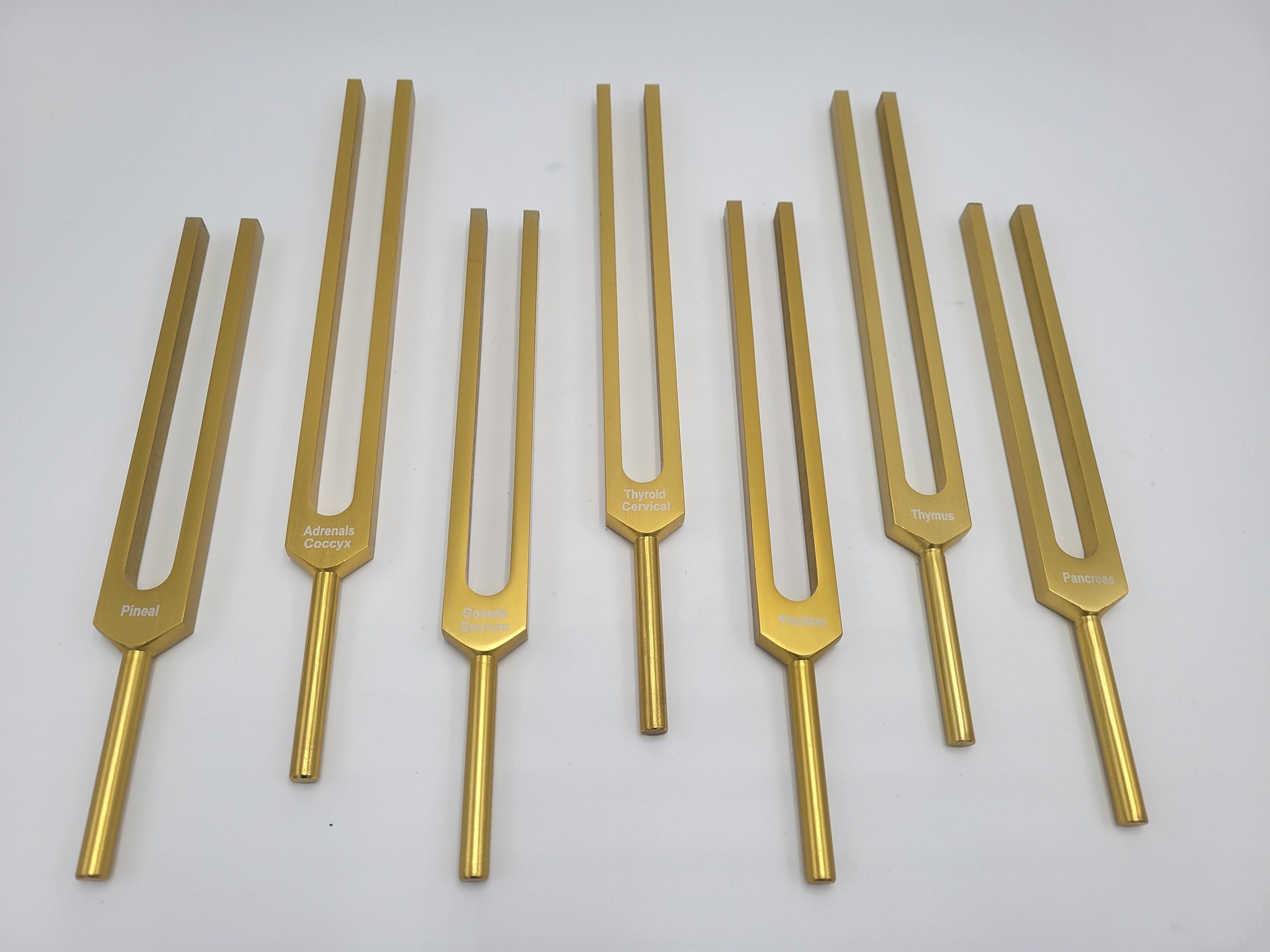 Gold Color Endocrine and Spine Set of 7 Healing Tuning Forks with Mallet and Pouch - Thecosmicaccess