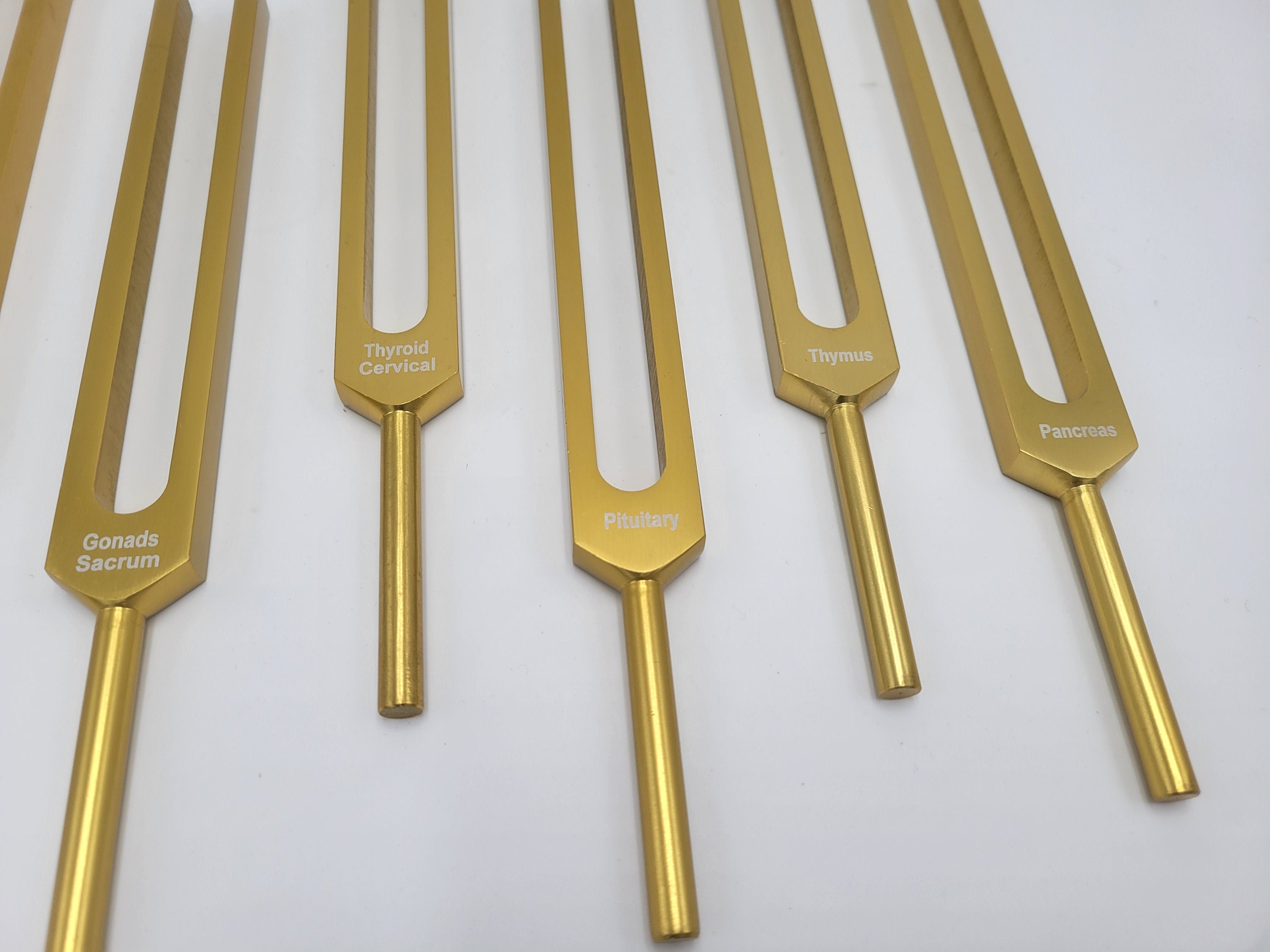 Gold Color Endocrine and Spine Set of 7 Healing Tuning Forks with Mallet and Pouch - Thecosmicaccess