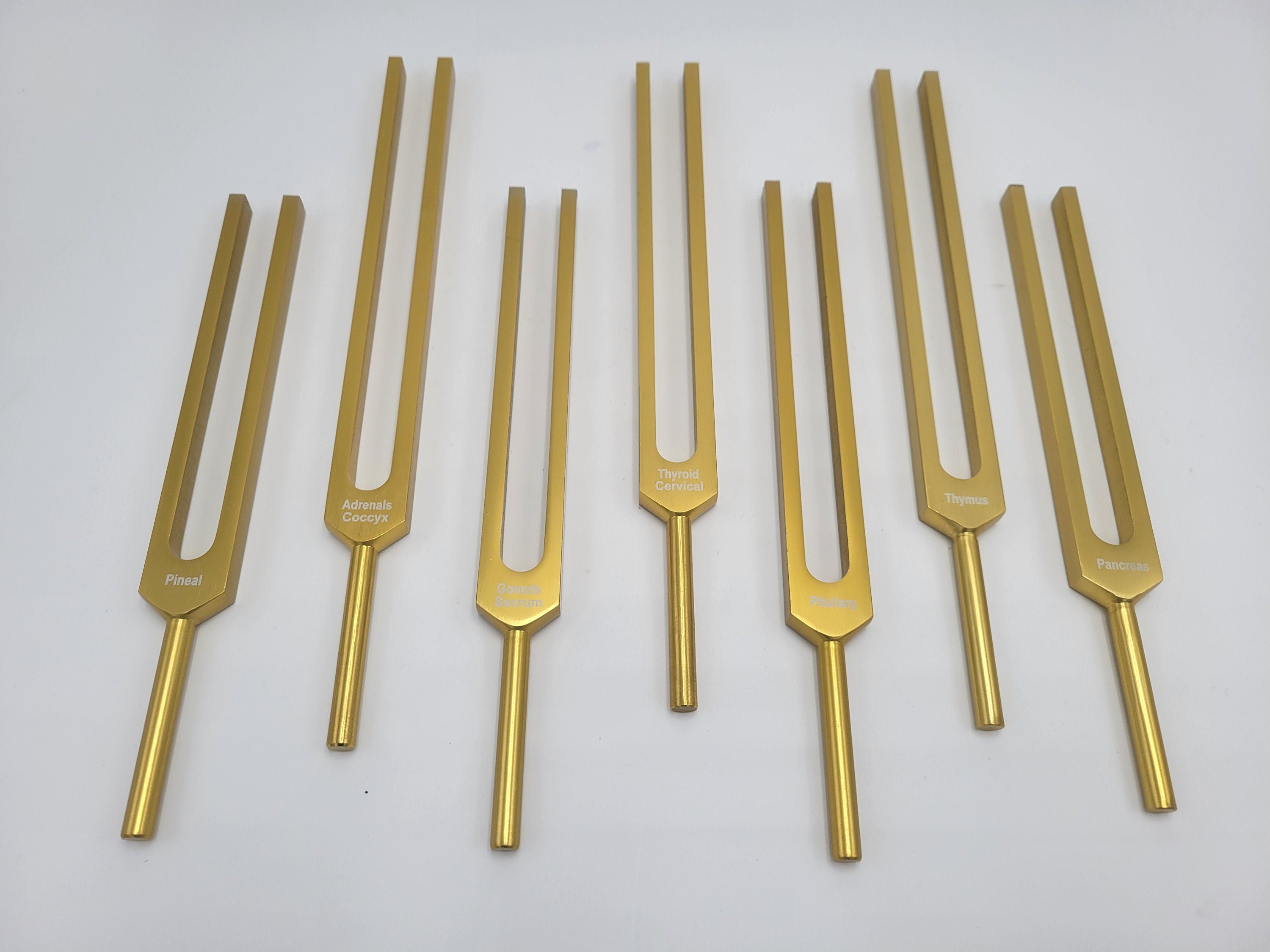 Gold Color Endocrine and Spine Set of 7 Healing Tuning Forks with Mallet and Pouch - Thecosmicaccess