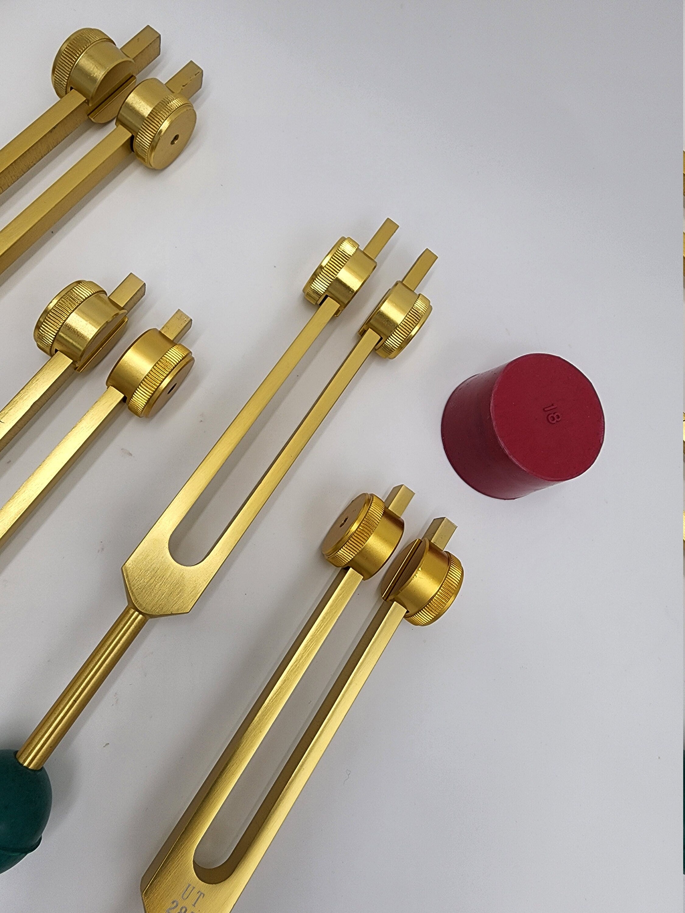 Gold Color DNA Repair Sacred Solfeggio Weighted Tuning Fork Set of 9 with Activator Rubber Balls and Velvet Bag - Thecosmicaccess