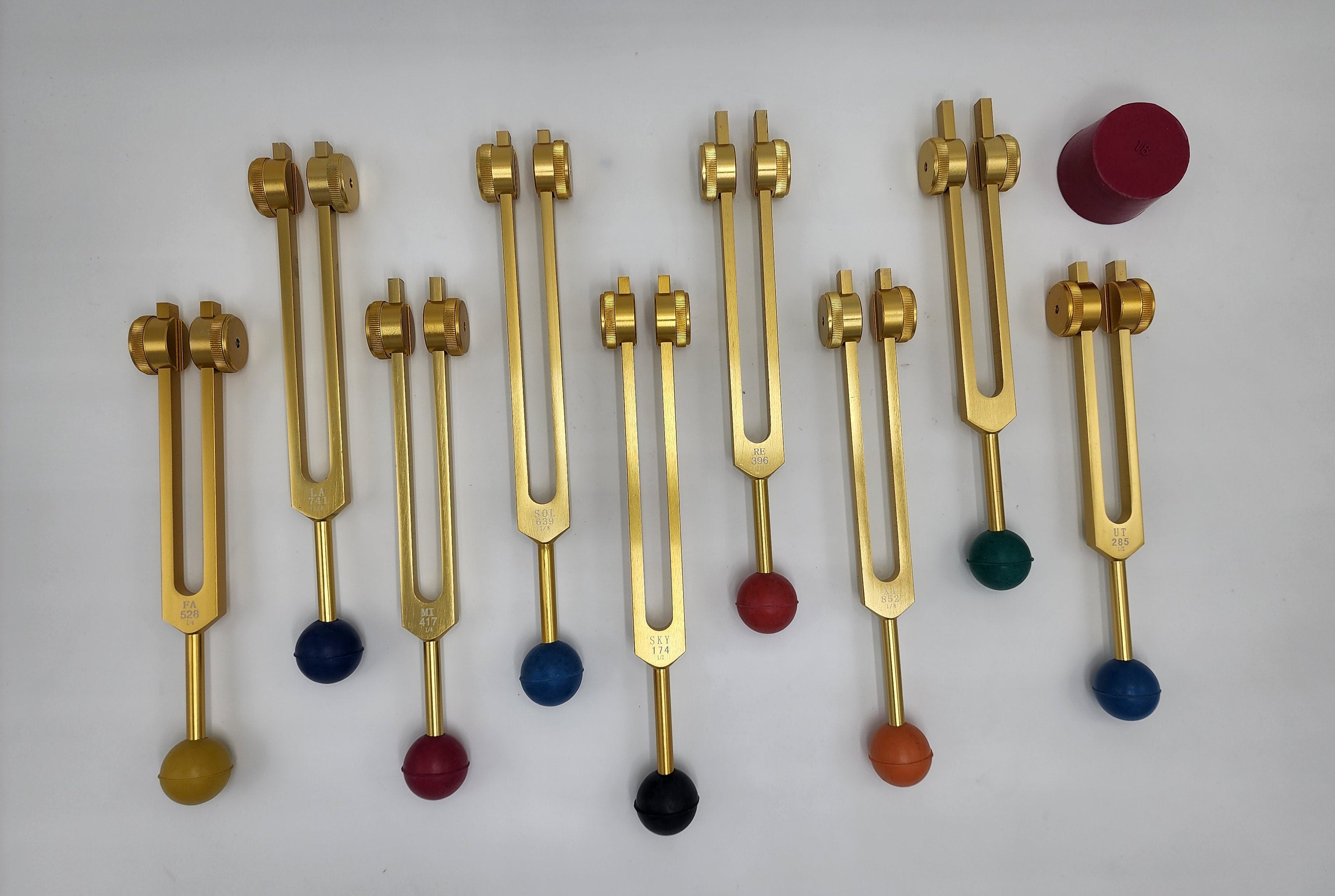 Gold Color DNA Repair Sacred Solfeggio Weighted Tuning Fork Set of 9 with Activator Rubber Balls and Velvet Bag - Thecosmicaccess