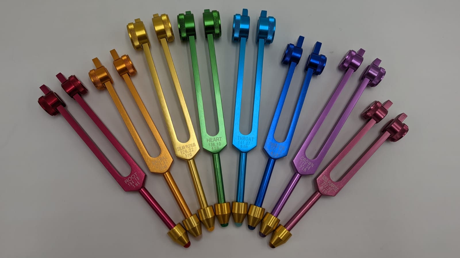 Color Coded Chakra Weighted Tuning Fork Set of 8 for Healing with 8 GEM AMPLITUDES, Individually Marked Chakra Sign Bags and 8 Strikers - Thecosmicaccess
