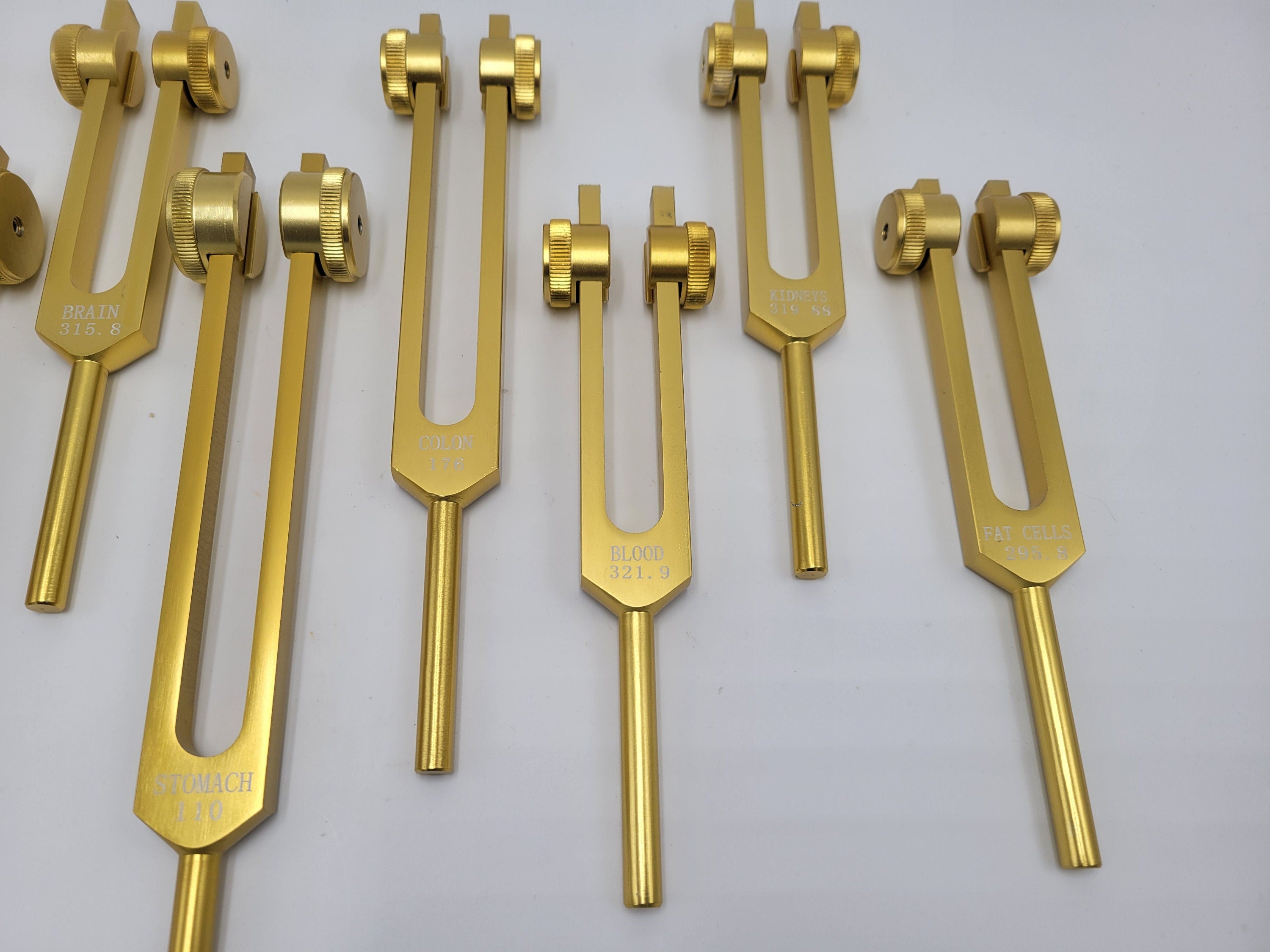 Gold Color Weighted Human Organ Set of 15 Tuning Forks with Striker Mallet and Velvet Bag - Thecosmicaccess