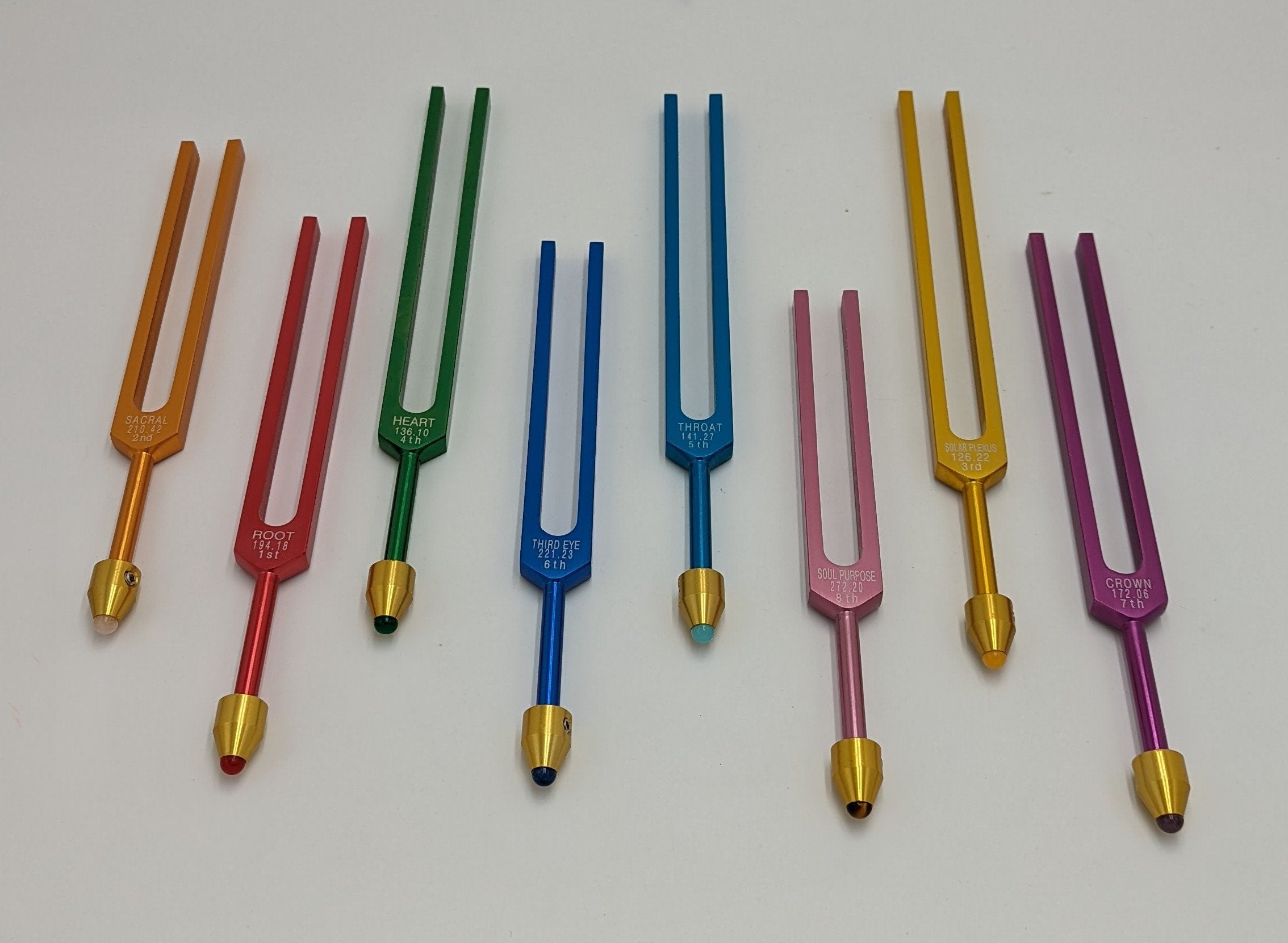 Chakra Color UnWeighted Tuning Fork Set of 8 with 8 GEM AMPLITUDES, Individually Marked Chakra Sign Bags and 8 Mallets Includes Soul Purpose - Thecosmicaccess
