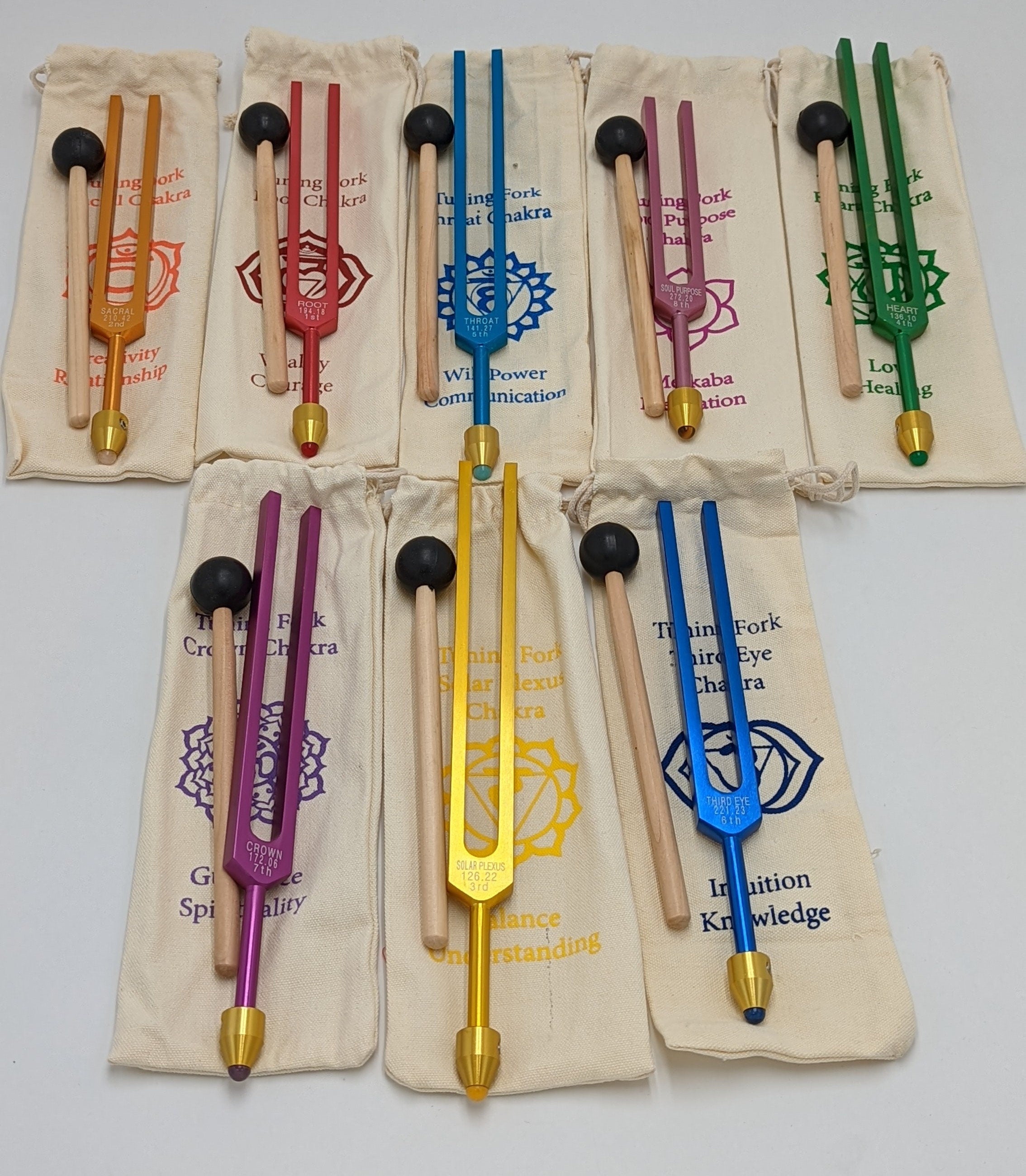 Chakra Color UnWeighted Tuning Fork Set of 8 with 8 GEM AMPLITUDES, Individually Marked Chakra Sign Bags and 8 Mallets Includes Soul Purpose - Thecosmicaccess