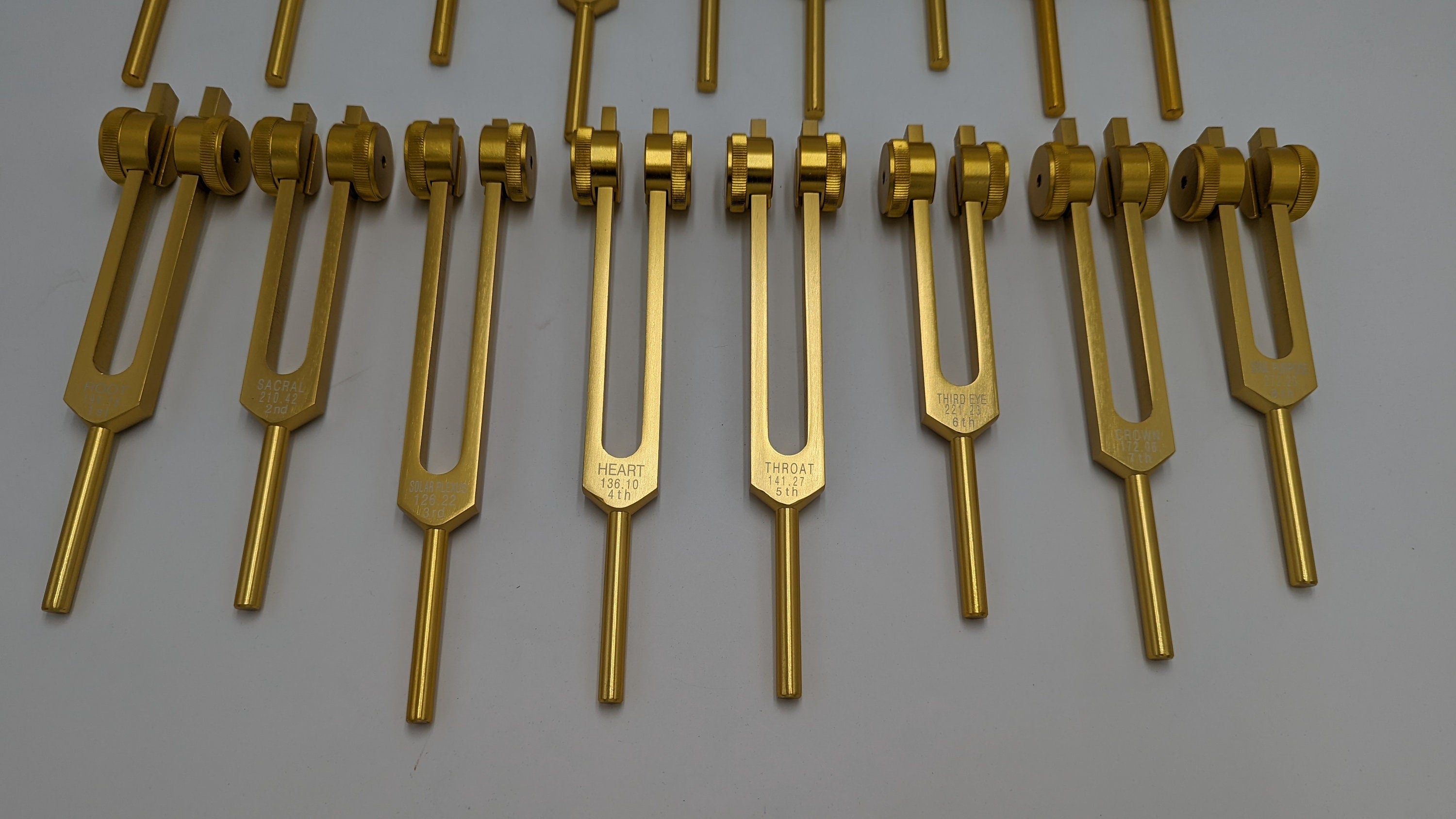 18 Set Sacred 9 Solfeggio and 9 Chakra Bundle Gold Weighted Tuning Fork Set Tuned to .25 Hz for Sound Healing Meditation Yoga - Thecosmicaccess
