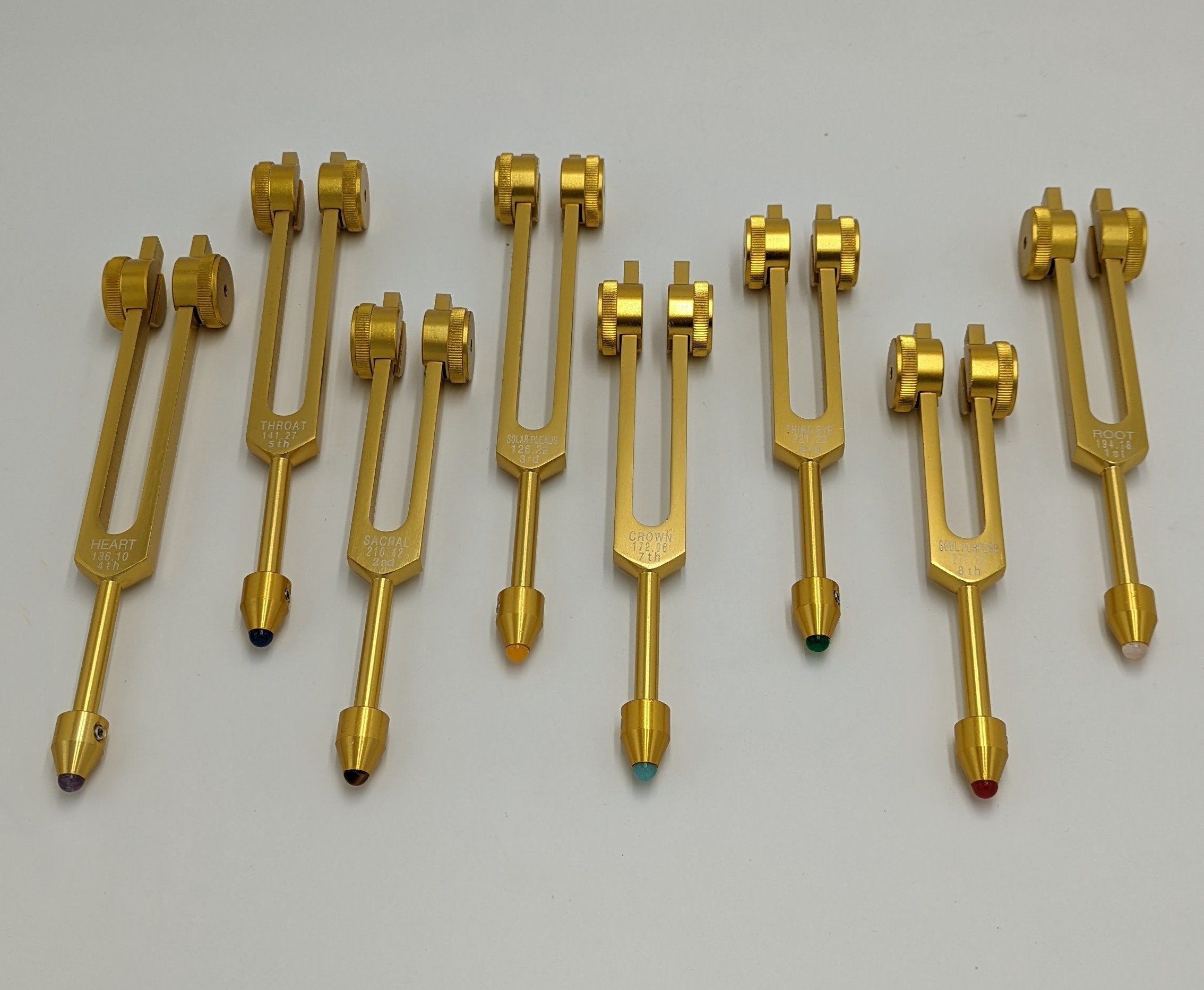 Chakra Gold Weighted Tuning Fork Set of 8 for Healing with 8 GEM AMPLITUDES and Striker/Mallet Includes Soul Purpose - Thecosmicaccess