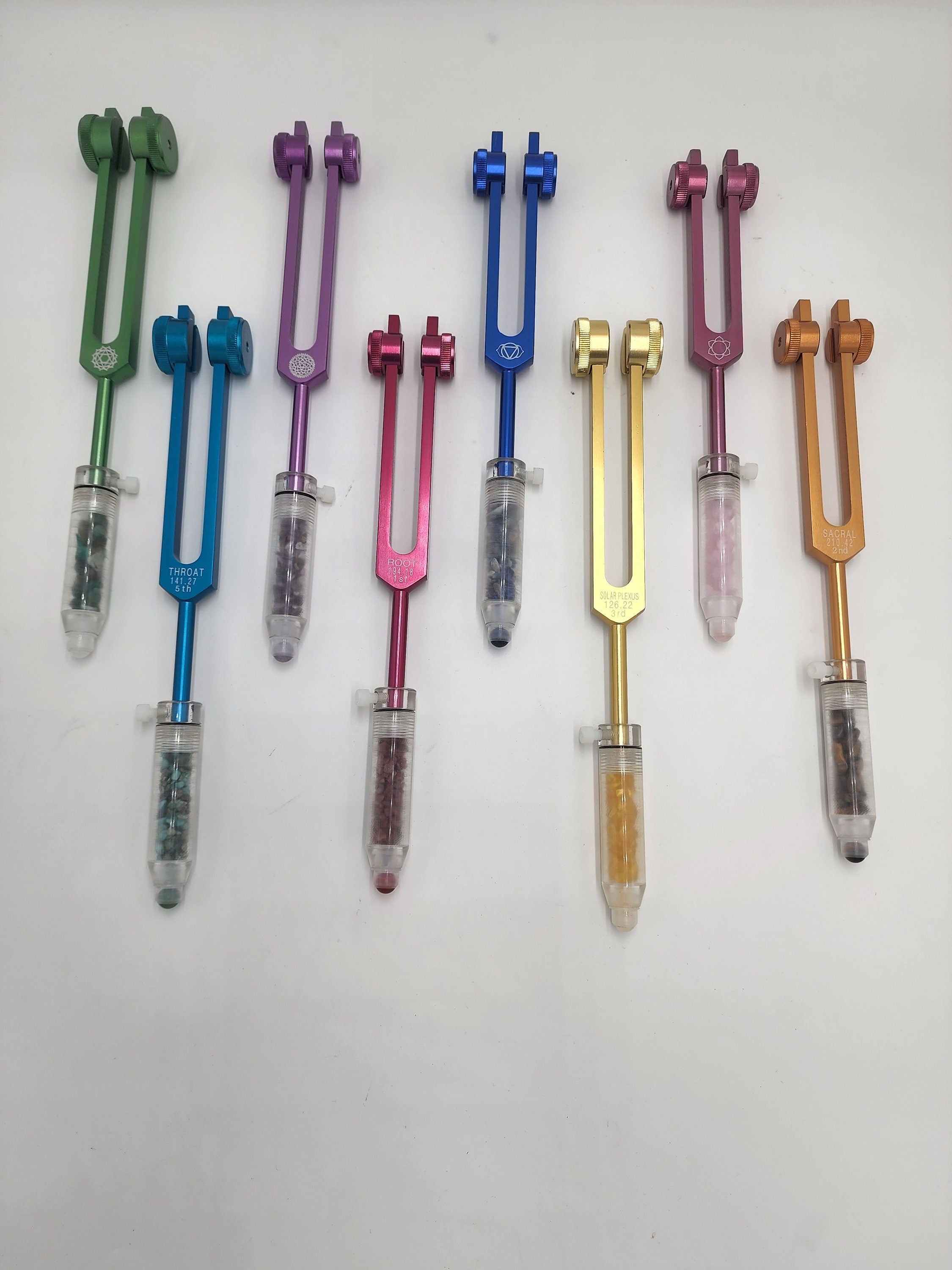 Chakra Weighted Tuning Fork Set of 8 w/ Acrylic Gem Fused removable Wand for Oil Massage Acupressure Alternative Therapy Healing Relaxation - Thecosmicaccess