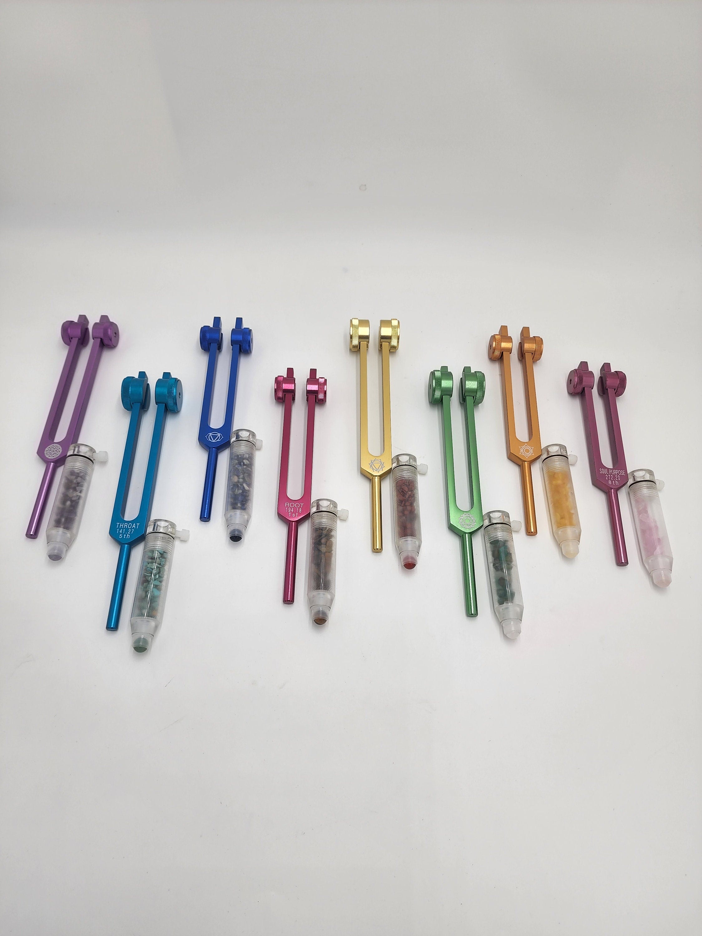 Chakra Weighted Tuning Fork Set of 8 w/ Acrylic Gem Fused removable Wand for Oil Massage Acupressure Alternative Therapy Healing Relaxation - Thecosmicaccess