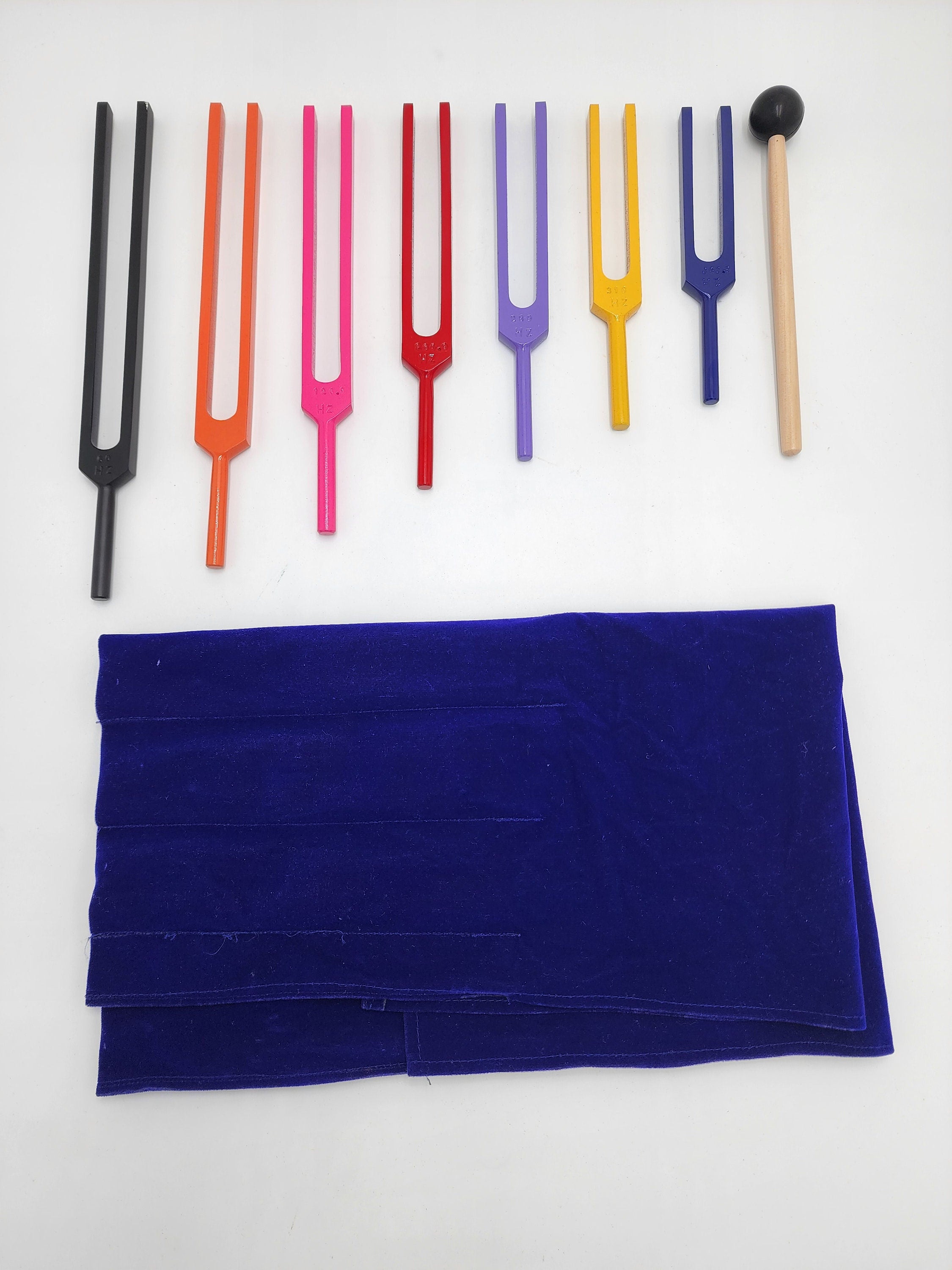 Unweighted Color Set of 7 Meridian Tuning Fork Set with Striker and Mallet - Acupuncture without Needles - Thecosmicaccess