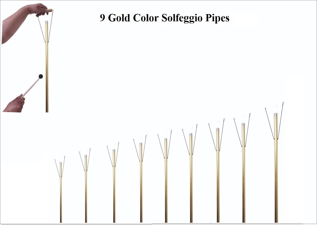 9 Gold Color Sacred Solfeggio Healing Hand Tuned Pipes with 9 Mallets Individual Wooded Hand Stands LOUDER than Tuning Forks - Thecosmicaccess