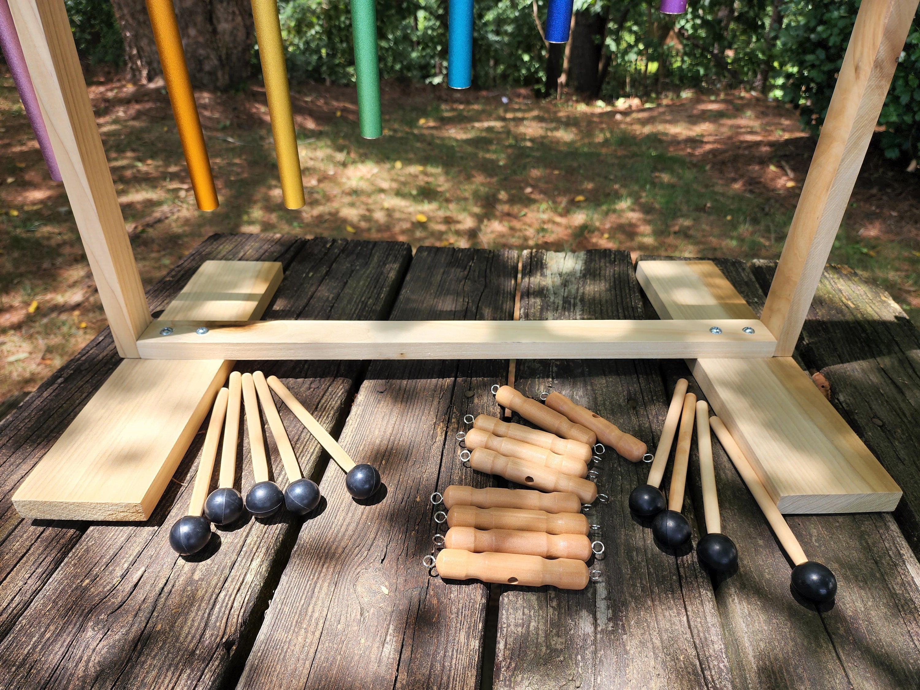 9 Color Sacred Solfeggio Healing Tuned Pipes Louder Than Tuning Fork with Large Wood Stand 9 Mallets and Individual Hand Held Wood Sticks - Thecosmicaccess