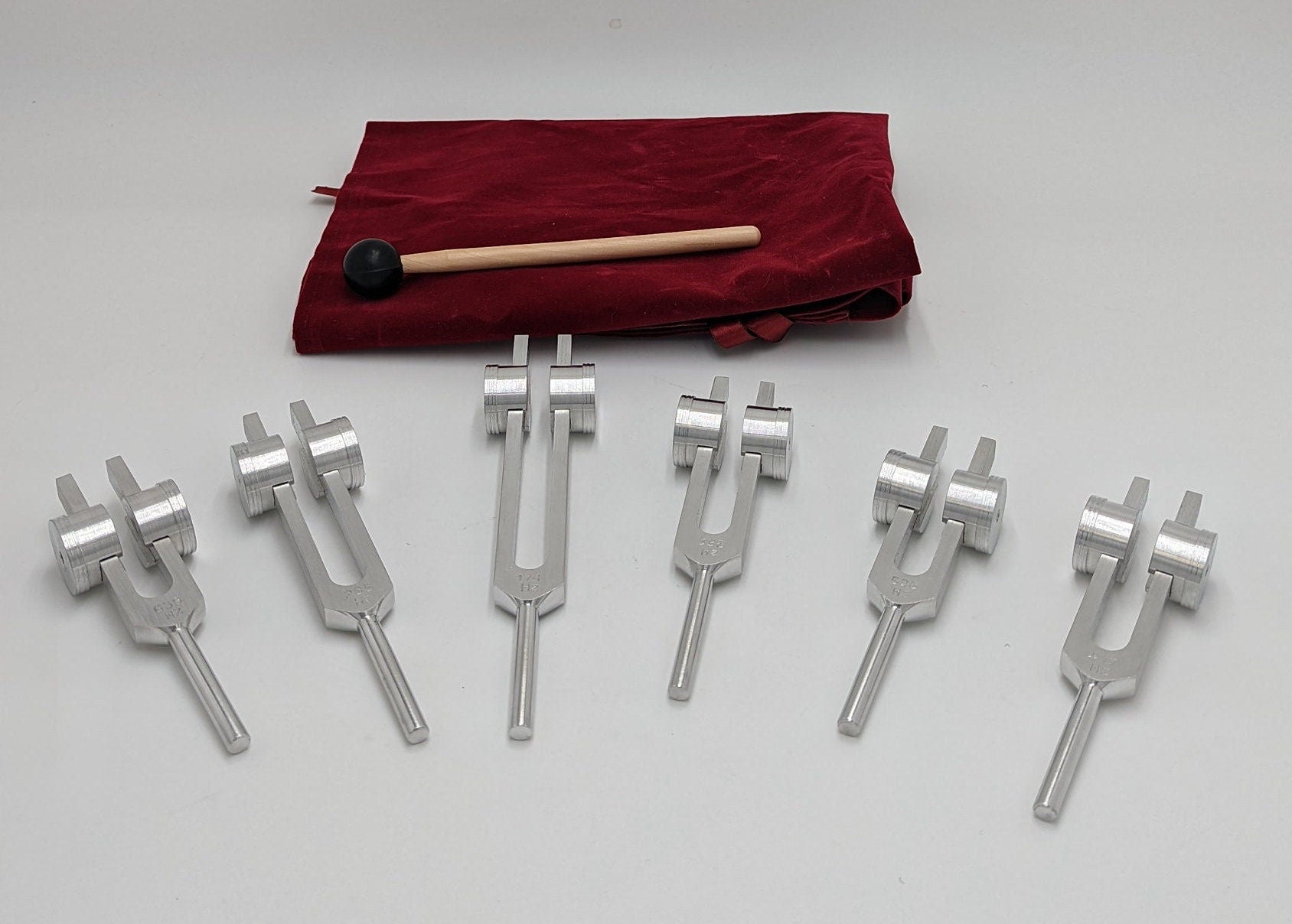 Sacred Solfeggio WEIGHTED Set of 6 Tuning Forks DNA Repair With Mallet and Velvet Bag - Thecosmicaccess