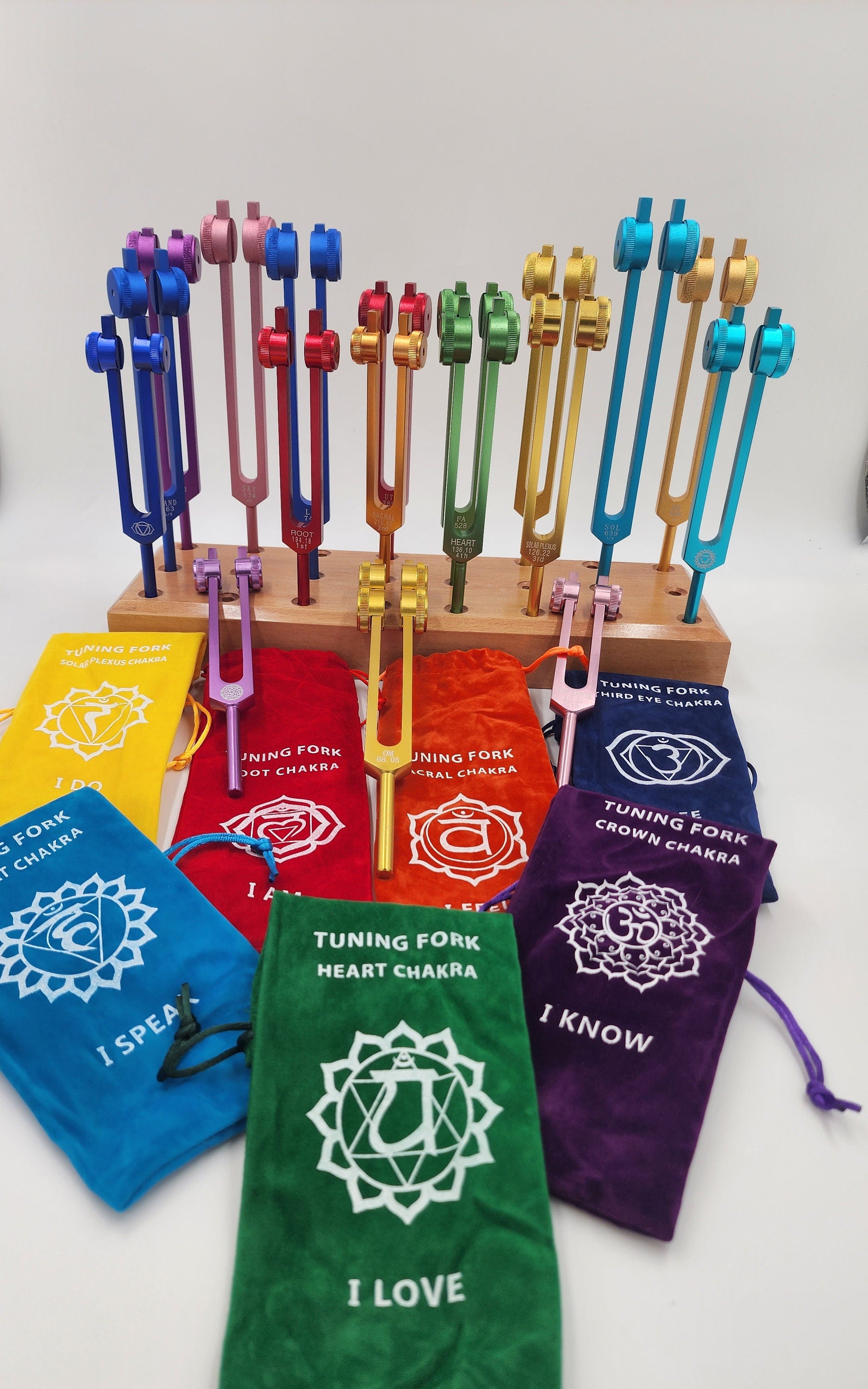 17 Set Solfeggio and Chakra Weighted Tuning Fork Set Tuned .25 Hz for Biofield Therapy Sound Healing with 24 Hole WOODEN STAND - Thecosmicaccess