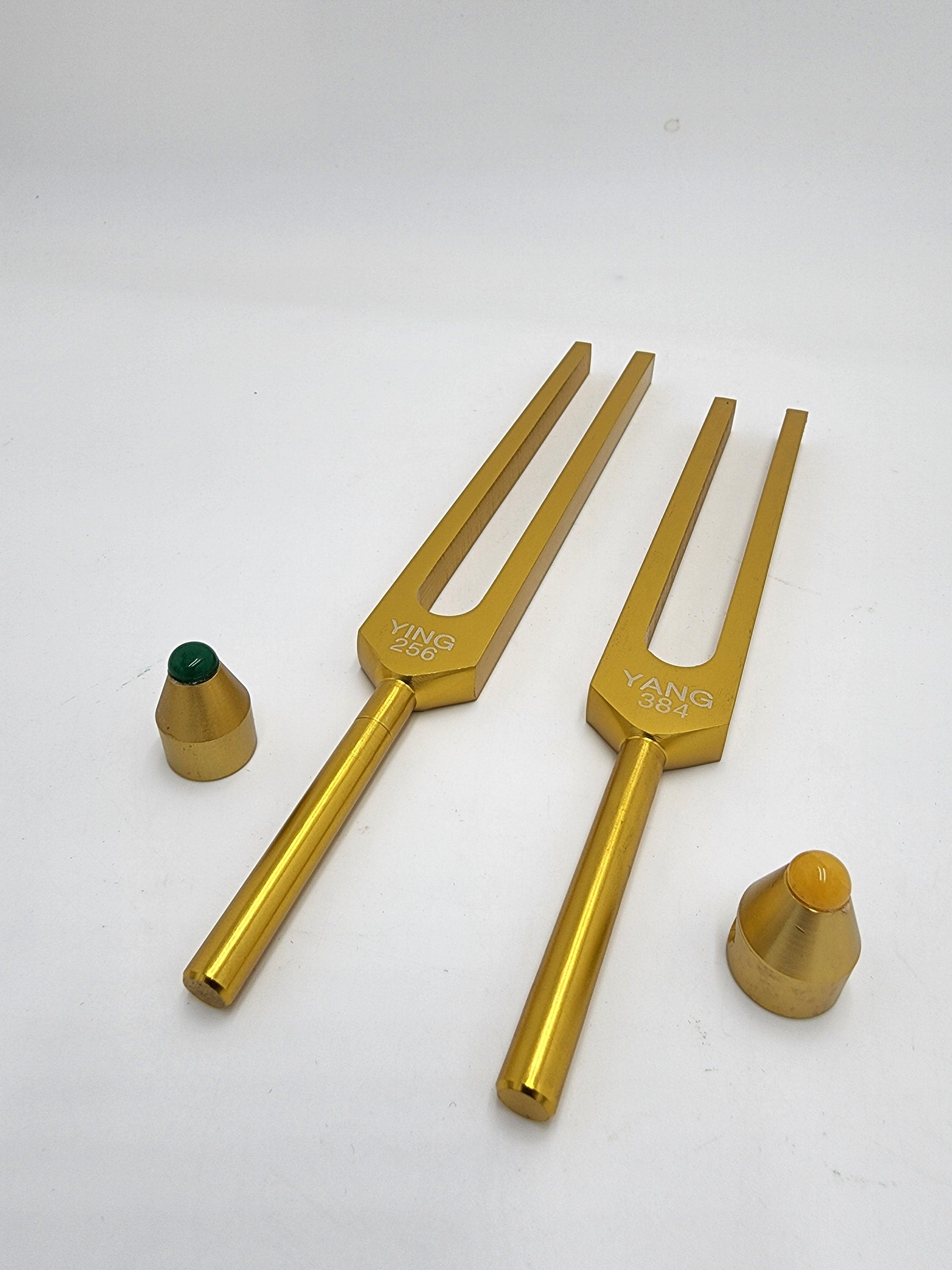 Professionally Tuned Fifth Harmonic Unweighted Gold Color Yin Yang Tuning Tune Fork Set C 256 G 384 with Removable Gem Feet / Rubber Balls - Thecosmicaccess
