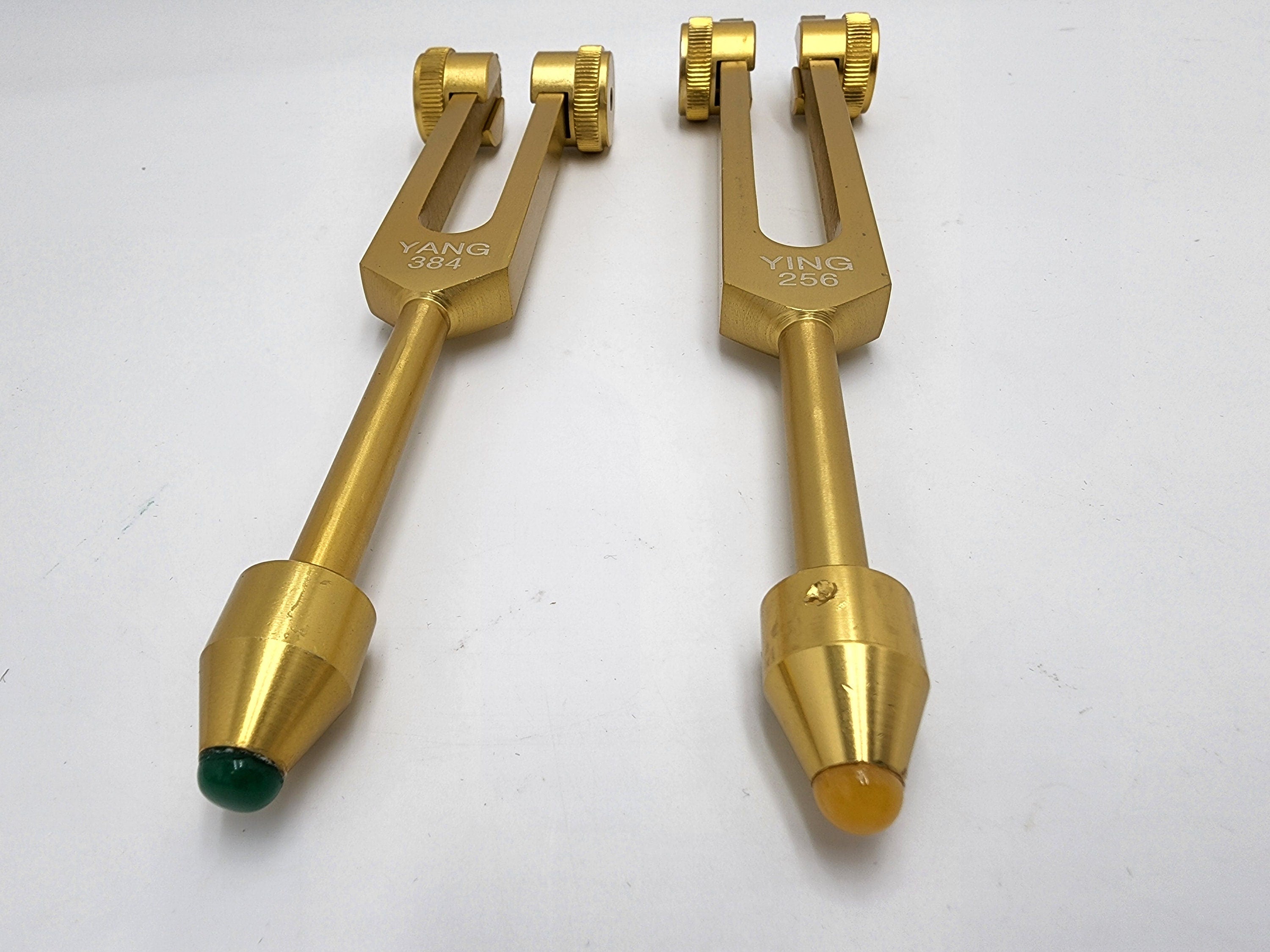Professionally Tuned Fifth Harmonic WEIGHTED Gold Color Yin Yang Tuning Tune Fork Set C 256 G 384 with Removable Gem Feet and Storage Bag - Thecosmicaccess