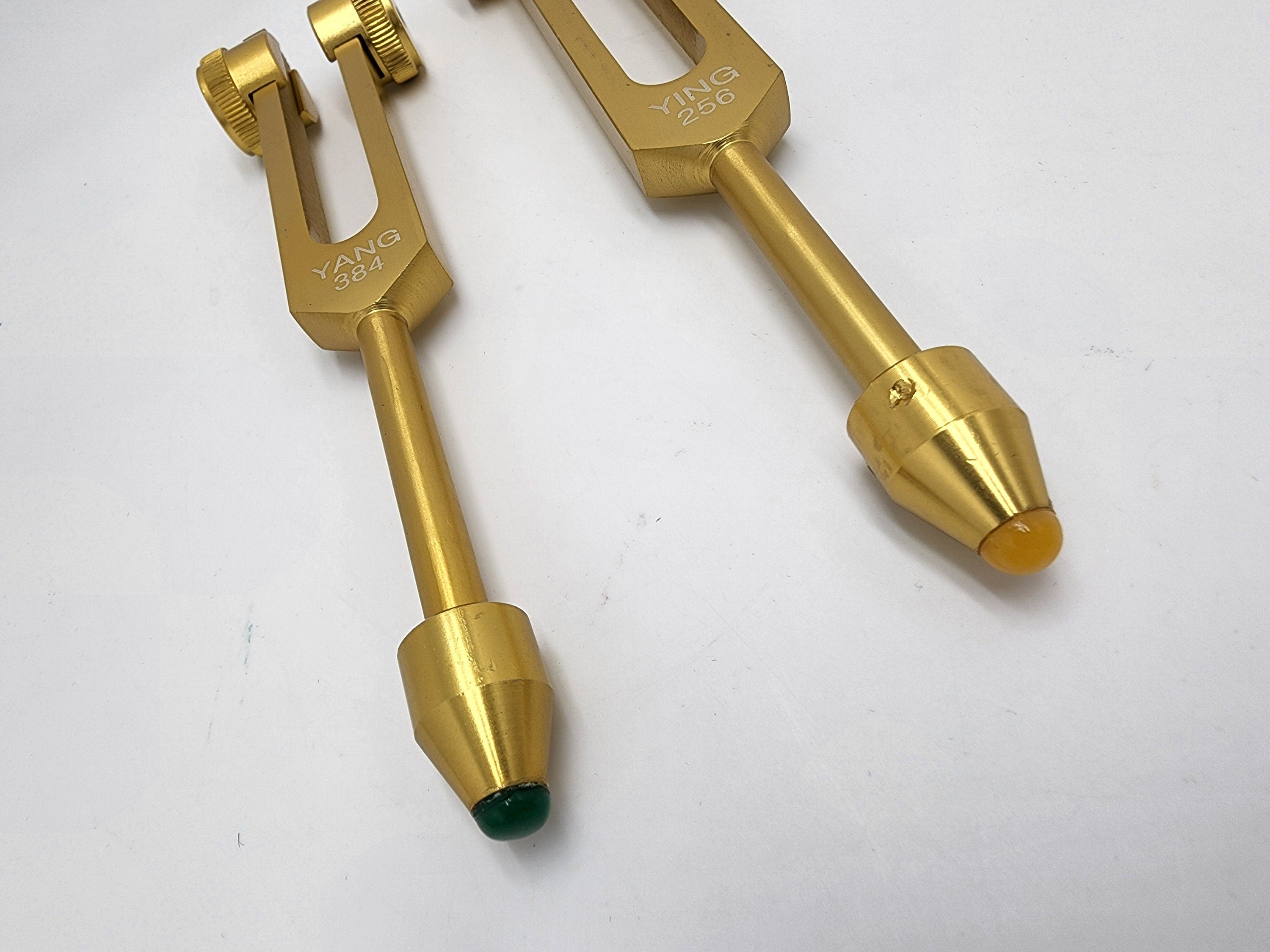 Professionally Tuned Fifth Harmonic WEIGHTED Gold Color Yin Yang Tuning Tune Fork Set C 256 G 384 with Removable Gem Feet and Storage Bag - Thecosmicaccess
