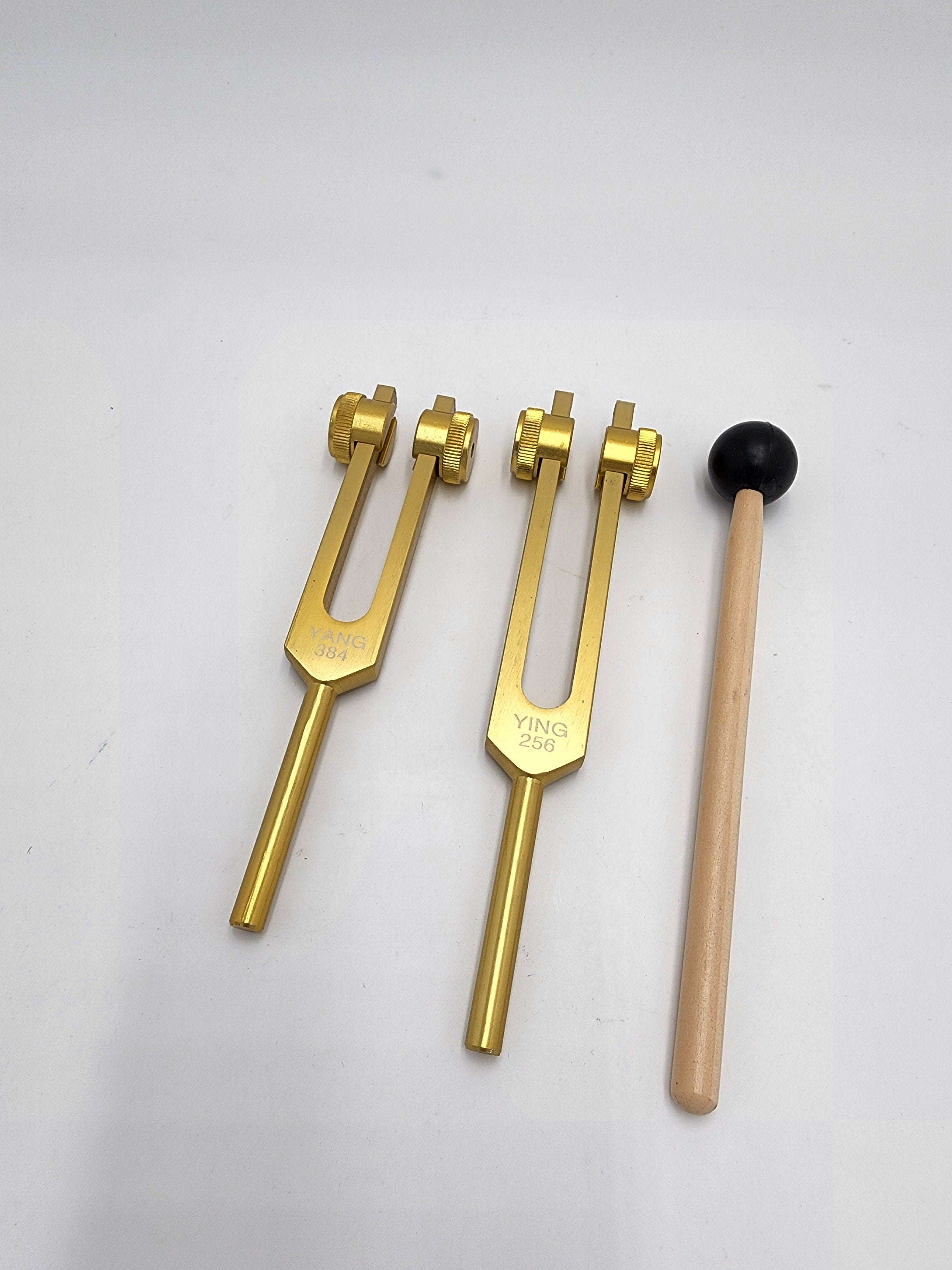 Professionally Tuned Fifth Harmonic WEIGHTED Gold Color Yin Yang Tuning Tune Fork Set C 256 G 384 with Removable Gem Feet and Storage Bag - Thecosmicaccess