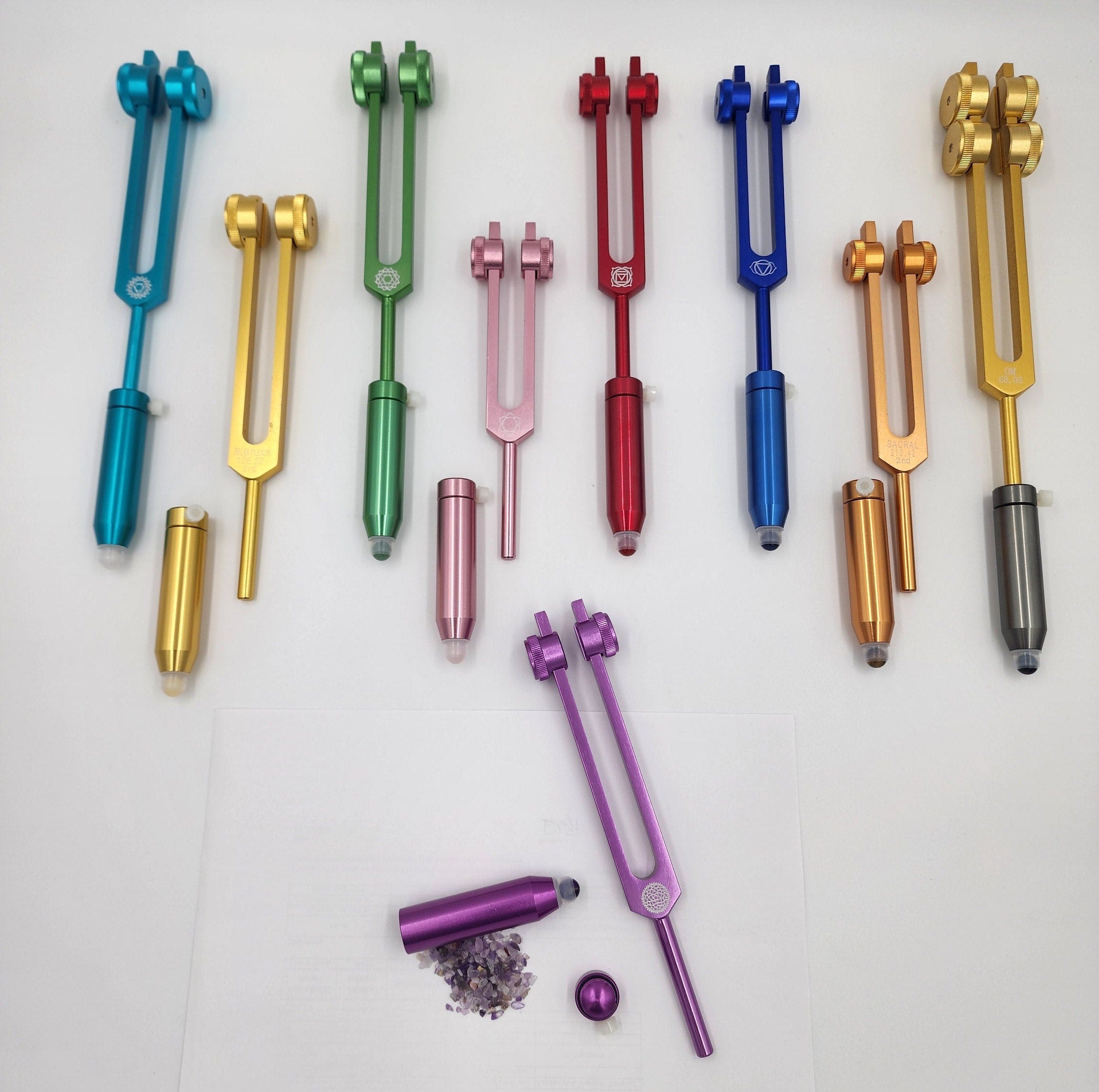 Handle Extensions and 9pc Chakra Weighted - Essential Oil Application with Gemstones - Acupressure, Aromatherapy, Sound Healing - Thecosmicaccess