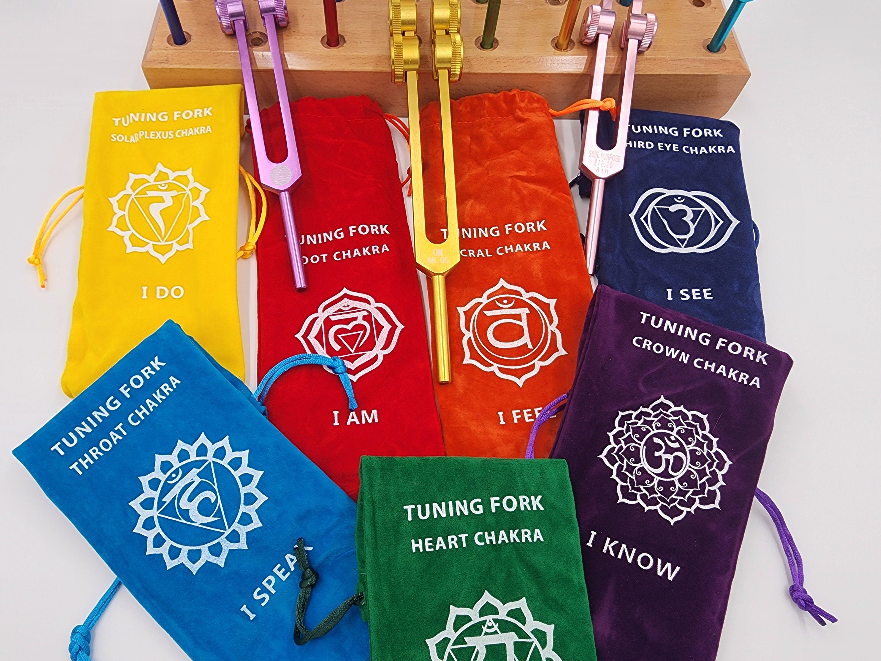 17 Set Solfeggio and Chakra Weighted Tuning Fork Set Tuned .25 Hz for Biofield Therapy Sound Healing with 24 Hole WOODEN STAND - Thecosmicaccess