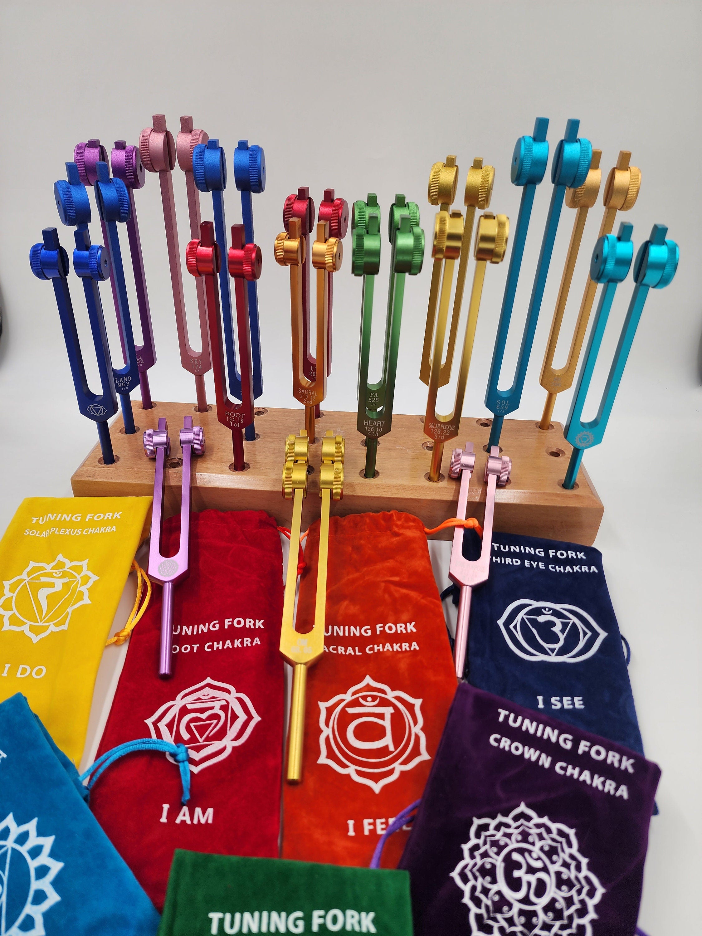 17 Set Solfeggio and Chakra Weighted Tuning Fork Set Tuned .25 Hz for Biofield Therapy Sound Healing with 24 Hole WOODEN STAND - Thecosmicaccess