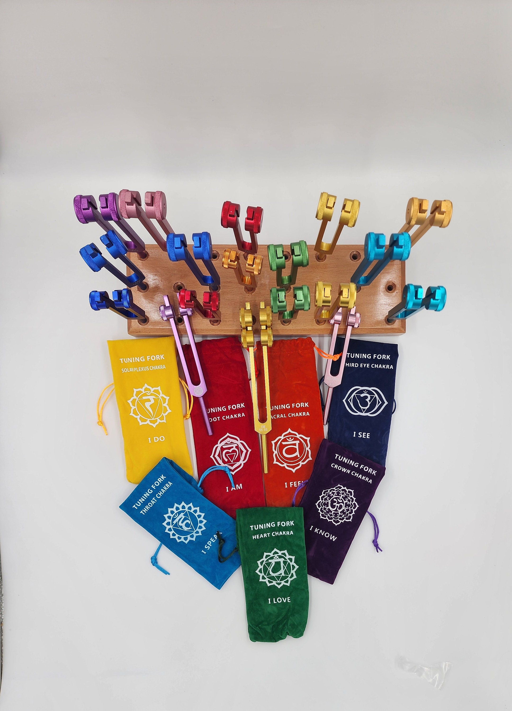 17 Set Solfeggio and Chakra Weighted Tuning Fork Set Tuned .25 Hz for Biofield Therapy Sound Healing with 24 Hole WOODEN STAND - Thecosmicaccess