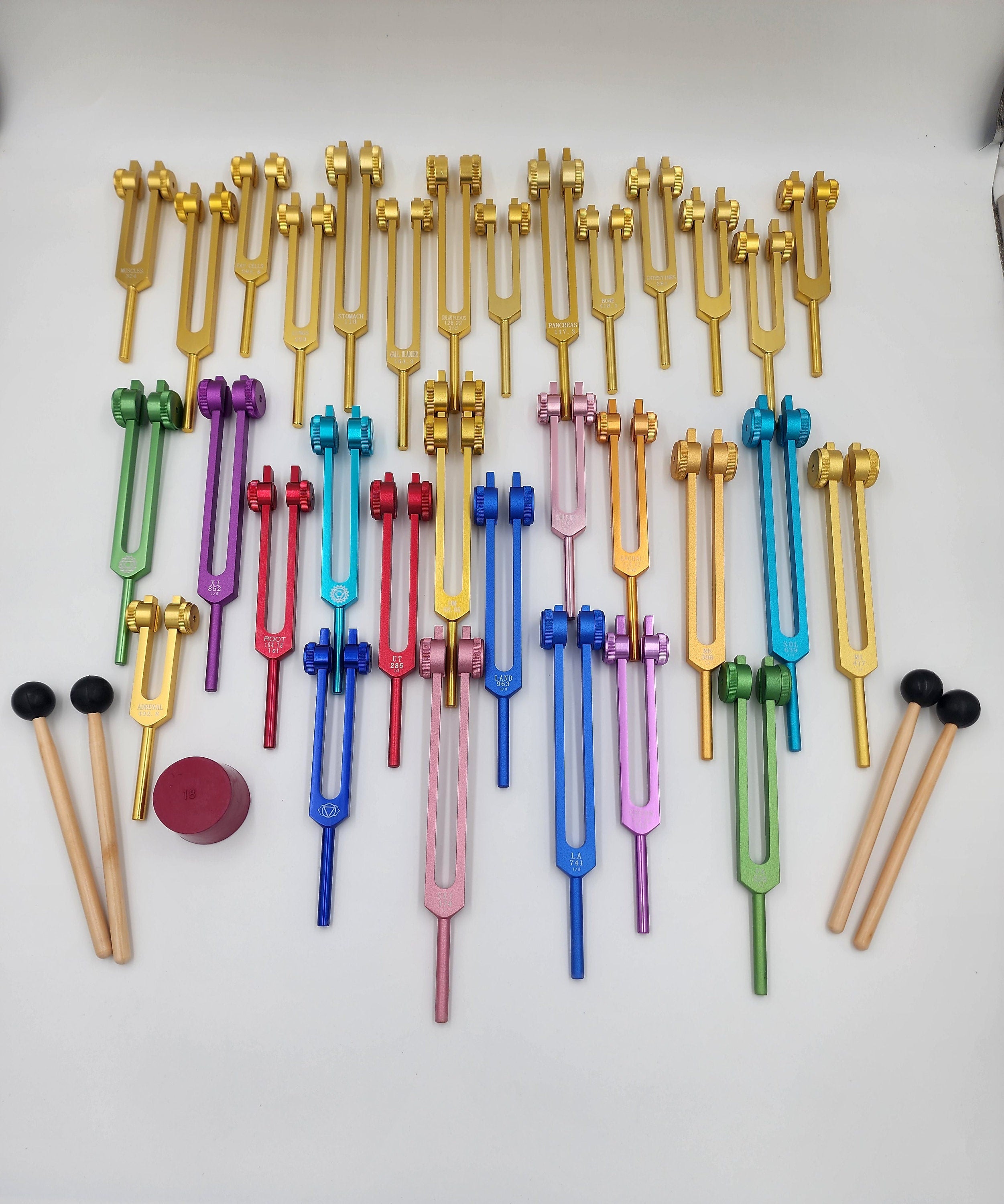 34 Set Color Solfeggio, Chakra and Gold Color Human Organ Weighted Tuning Fork Kit Tuned .25 Hz for Healing with Strikers Activator and Bags
