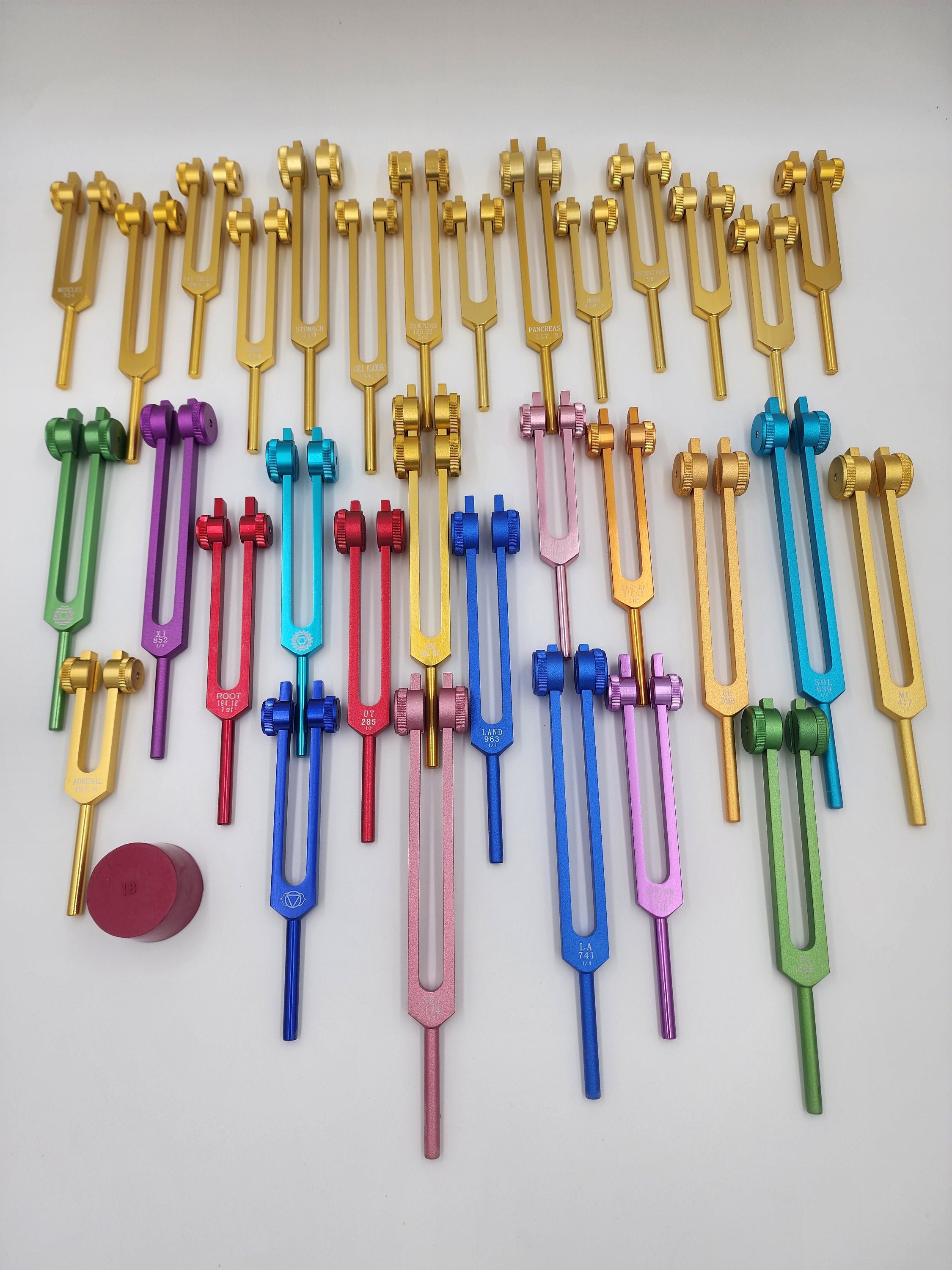 34 Set Color Solfeggio, Chakra and Gold Color Human Organ Weighted Tuning Fork Kit Tuned .25 Hz for Healing with Strikers Activator and Bags - Thecosmicaccess