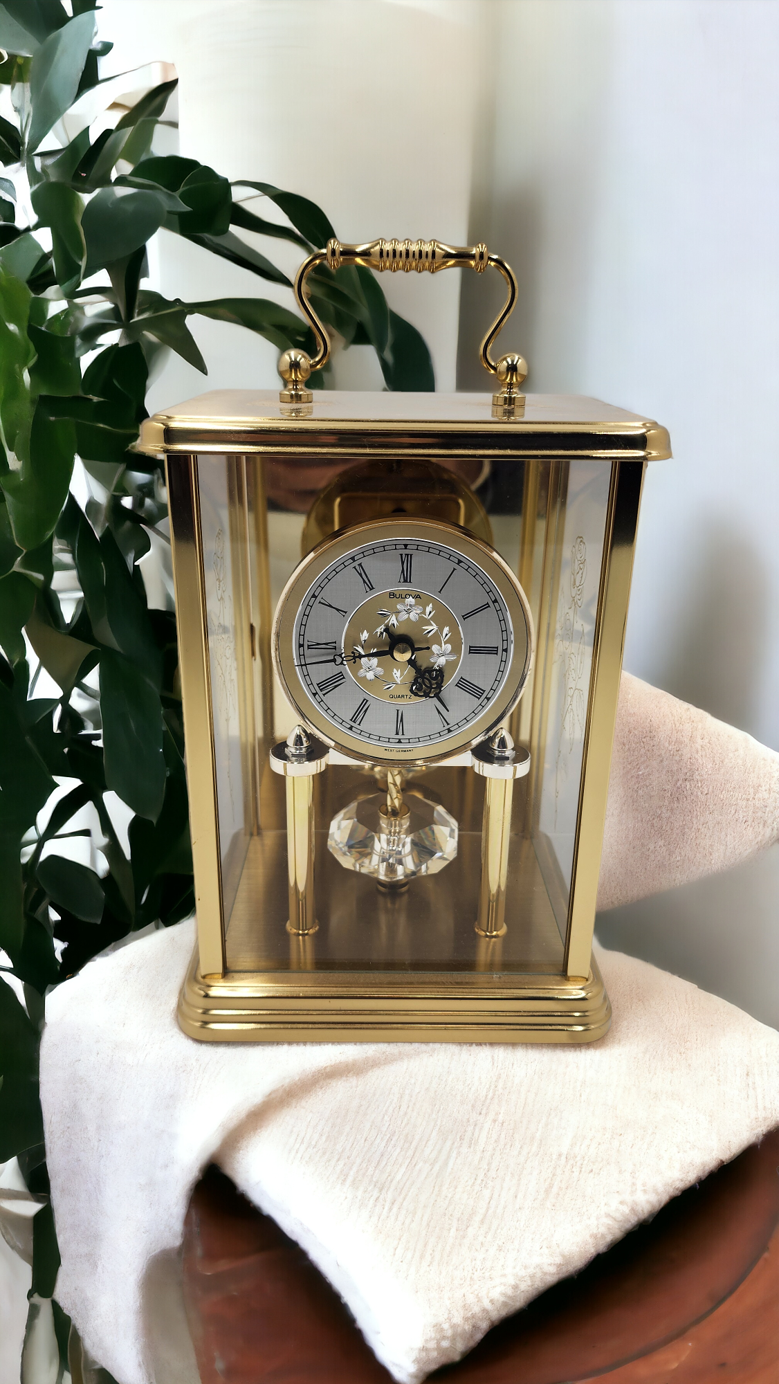 Rare Vintage Bulova Germany Brass Anniversary Gold Color Carriage Quartz Clock, Crystal Pendulum, Patterned Glass - Mint Condition - Thecosmicaccess