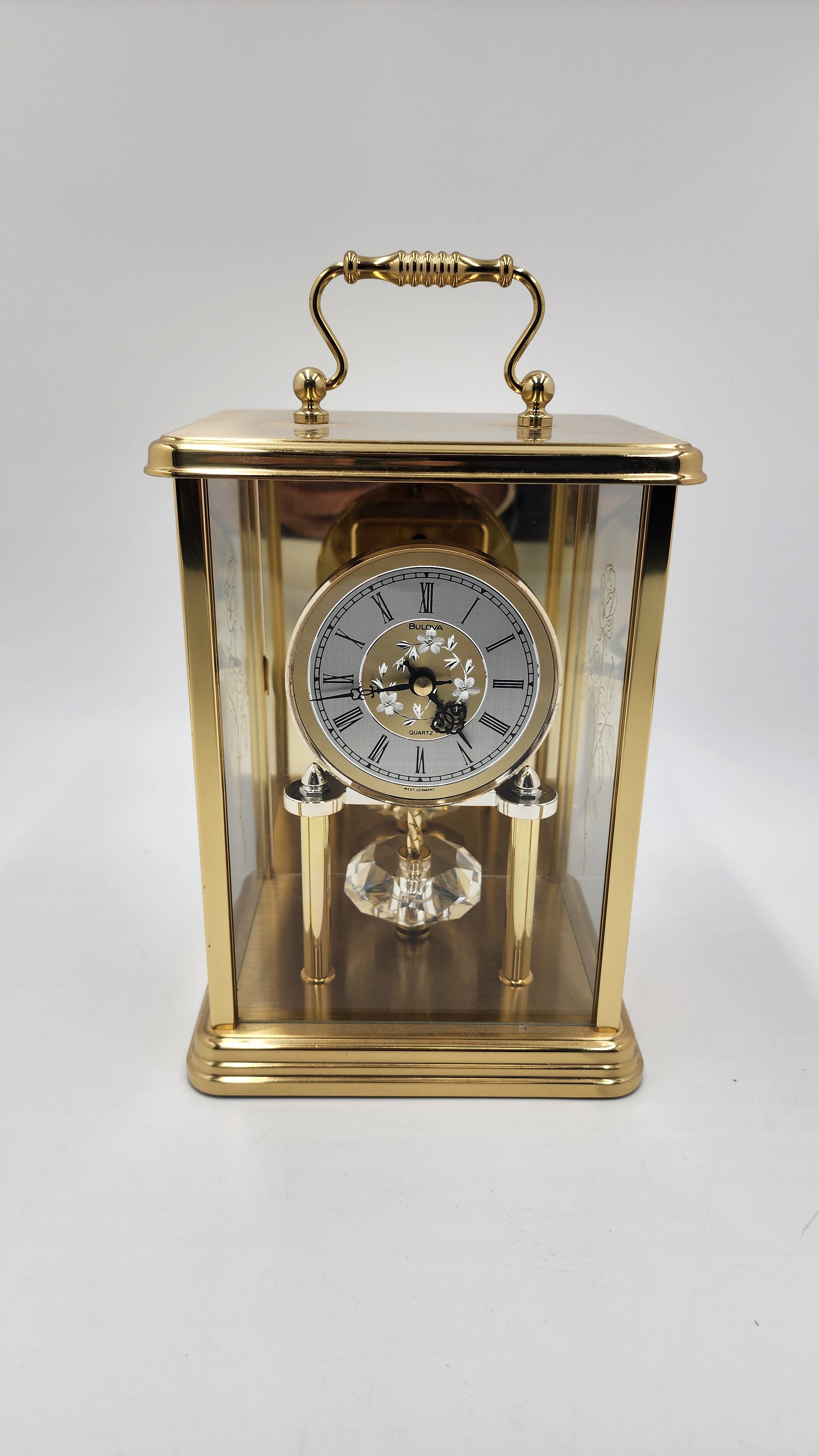 Rare Vintage Bulova Germany Brass Anniversary Gold Color Carriage Quartz Clock, Crystal Pendulum, Patterned Glass - Mint Condition - Thecosmicaccess