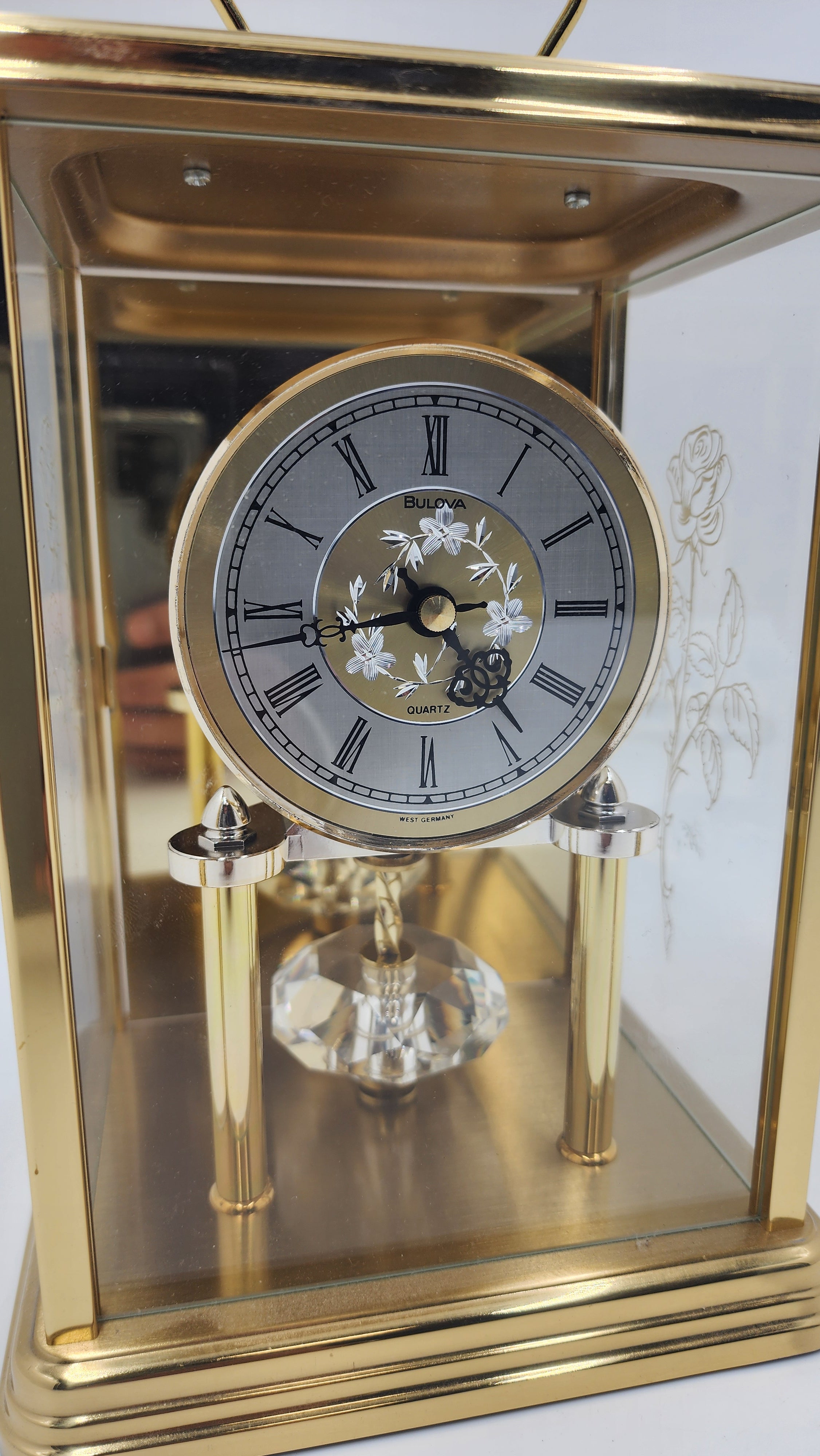 Rare Vintage Bulova Germany Brass Anniversary Gold Color Carriage Quartz Clock, Crystal Pendulum, Patterned Glass - Mint Condition - Thecosmicaccess