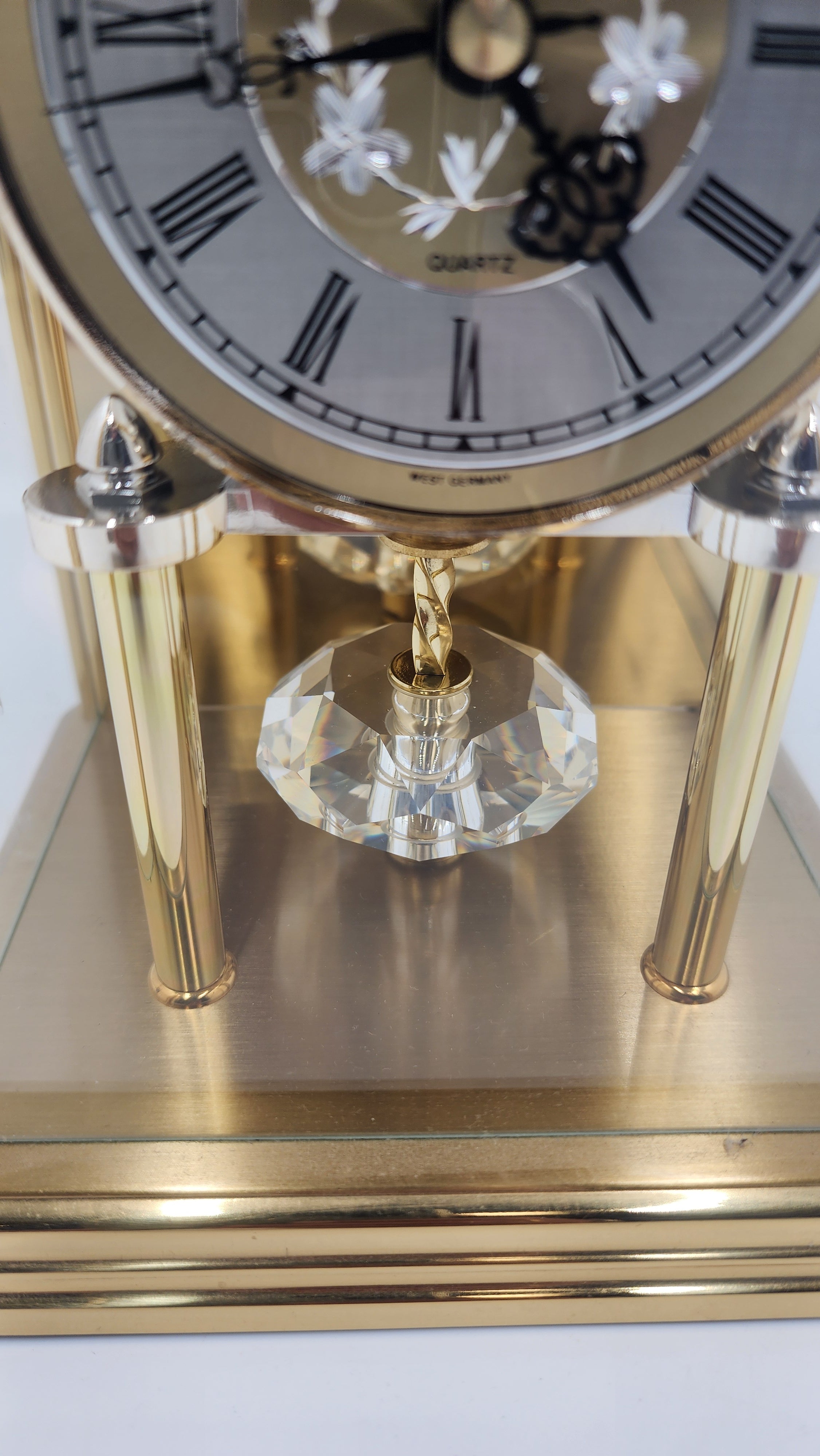 Rare Vintage Bulova Germany Brass Anniversary Gold Color Carriage Quartz Clock, Crystal Pendulum, Patterned Glass - Mint Condition - Thecosmicaccess