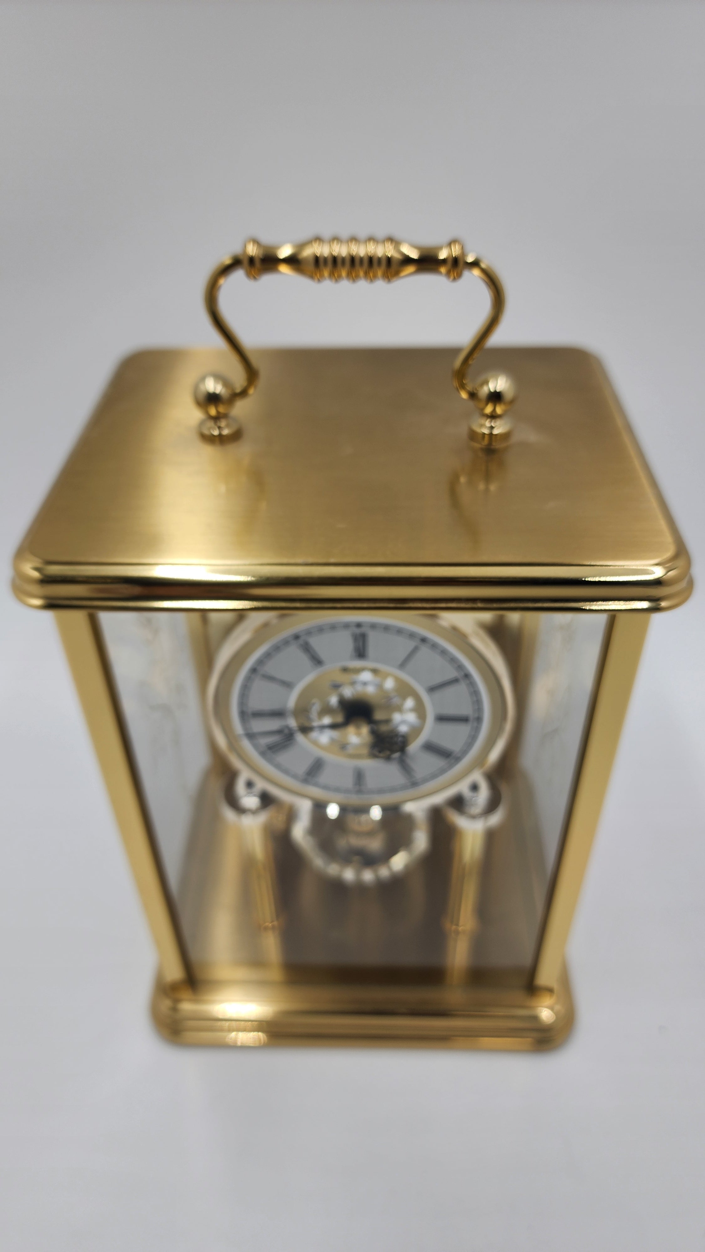Rare Vintage Bulova Germany Brass Anniversary Gold Color Carriage Quartz Clock, Crystal Pendulum, Patterned Glass - Mint Condition - Thecosmicaccess
