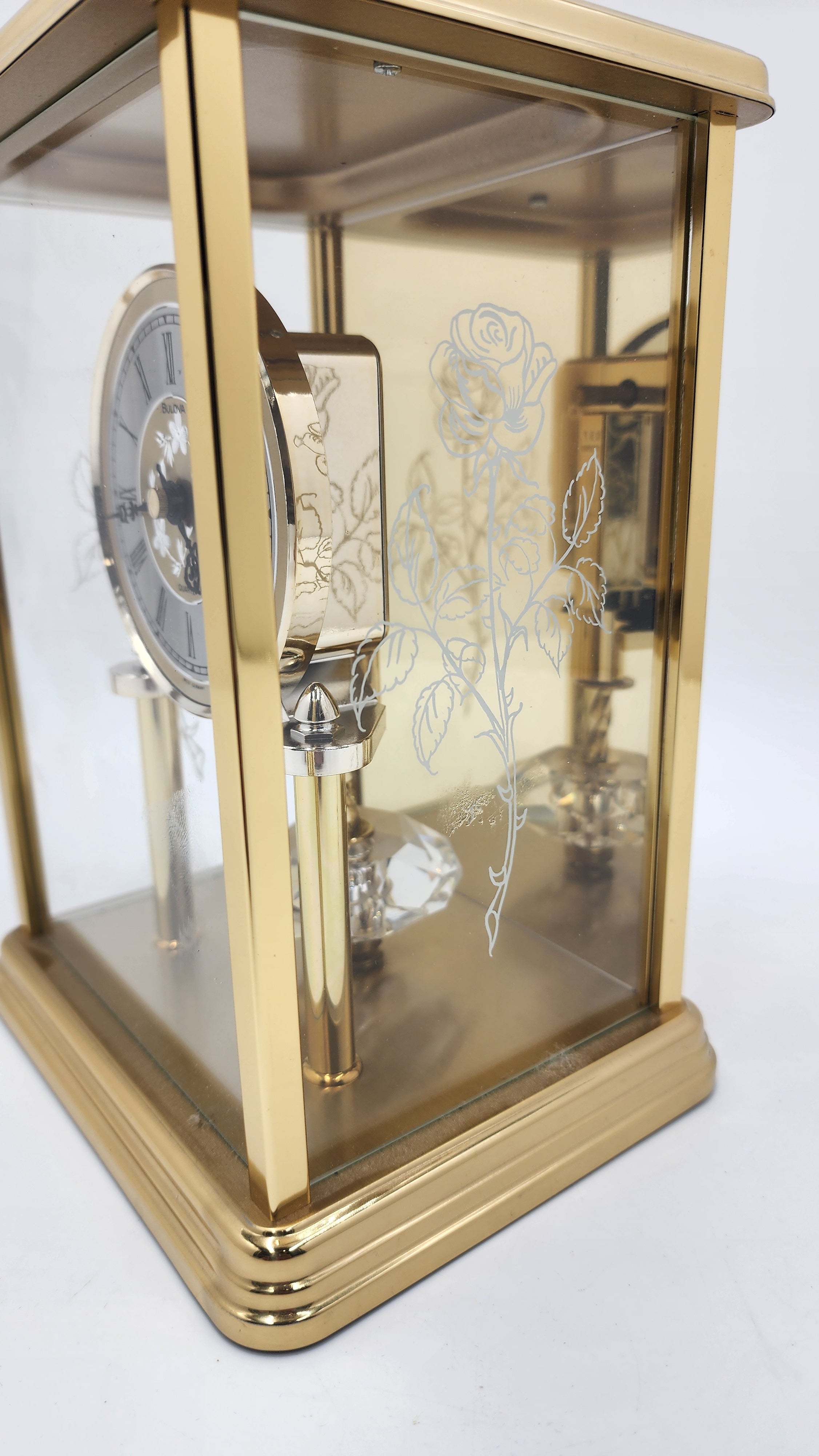 Rare Vintage Bulova Germany Brass Anniversary Gold Color Carriage Quartz Clock, Crystal Pendulum, Patterned Glass - Mint Condition - Thecosmicaccess