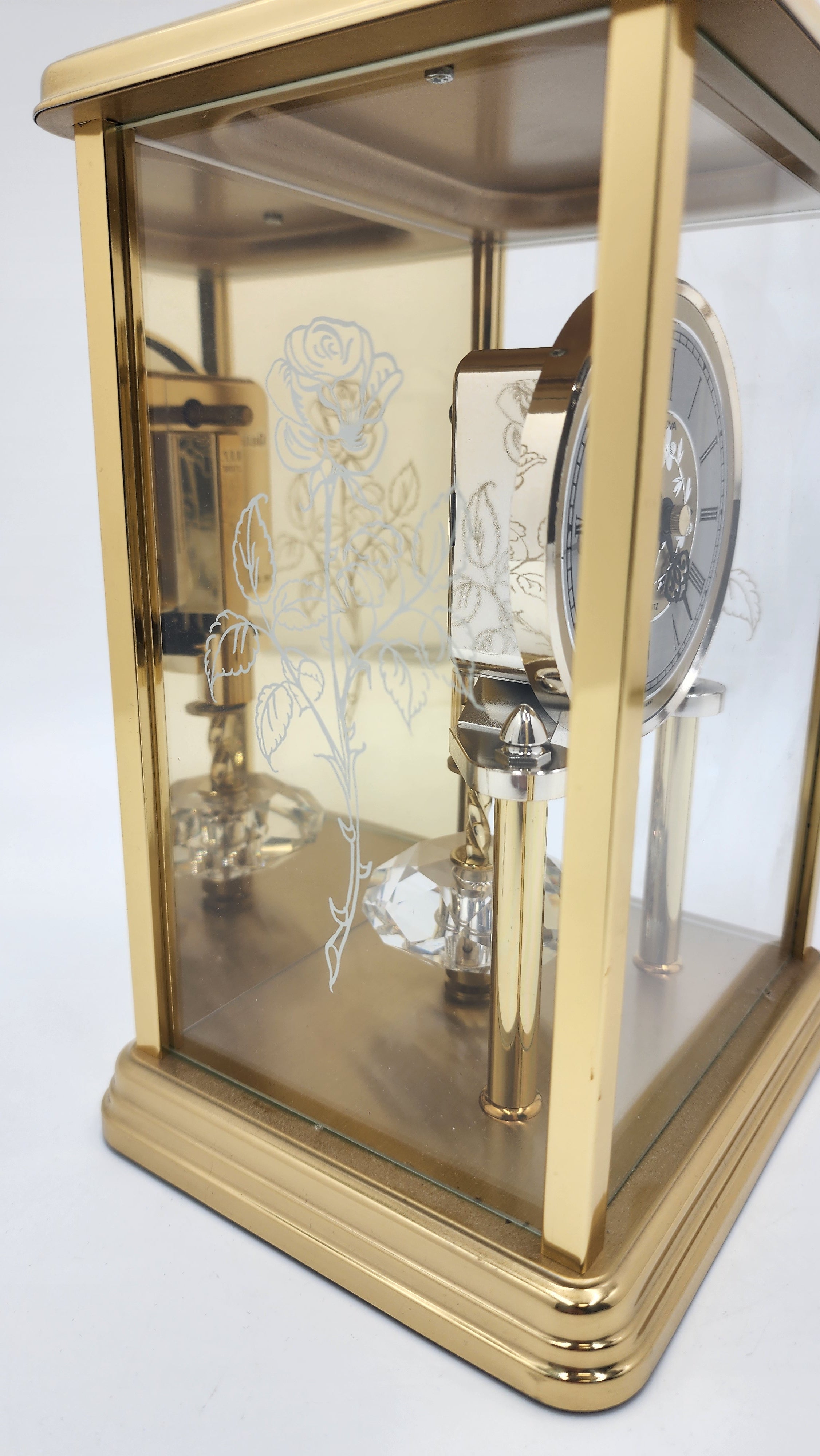 Rare Vintage Bulova Germany Brass Anniversary Gold Color Carriage Quartz Clock, Crystal Pendulum, Patterned Glass - Mint Condition - Thecosmicaccess