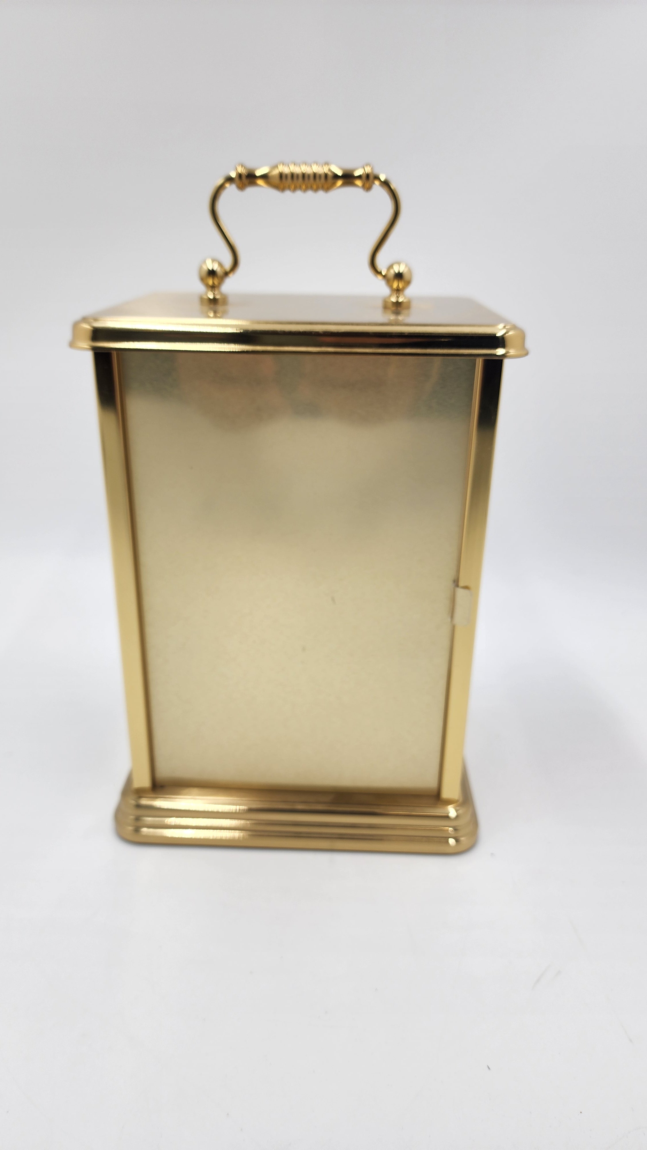 Rare Vintage Bulova Germany Brass Anniversary Gold Color Carriage Quartz Clock, Crystal Pendulum, Patterned Glass - Mint Condition - Thecosmicaccess