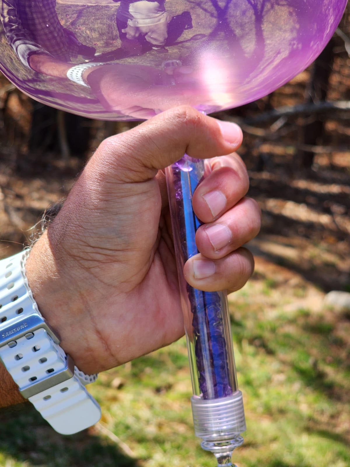 CosmicAccess 8.75" Amethyst Gem Fused Practitioner Amethyst Filled Handle Crystal Singing Bowl with Padded Secure Case and Striker