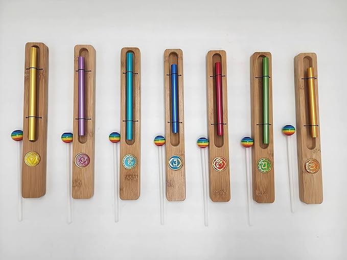 Set of 7 Chakra Zenergy Chime Bells with Gemstone,mallet and Chakra Signed Color Bags