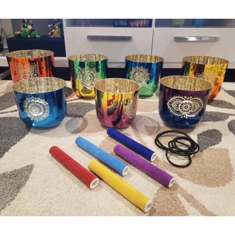 Alchemy 7 Set Chakra 432Hz Perfect Pitch Singing bowls with 5 Suede Mallets