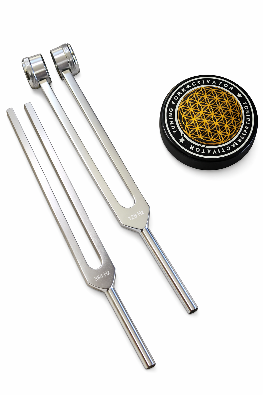 Premium Set of 4 Tuning Forks - Weighted 128Hz and 136.1Hz, Unweighted 256Hz, and 384Hz includes Activator