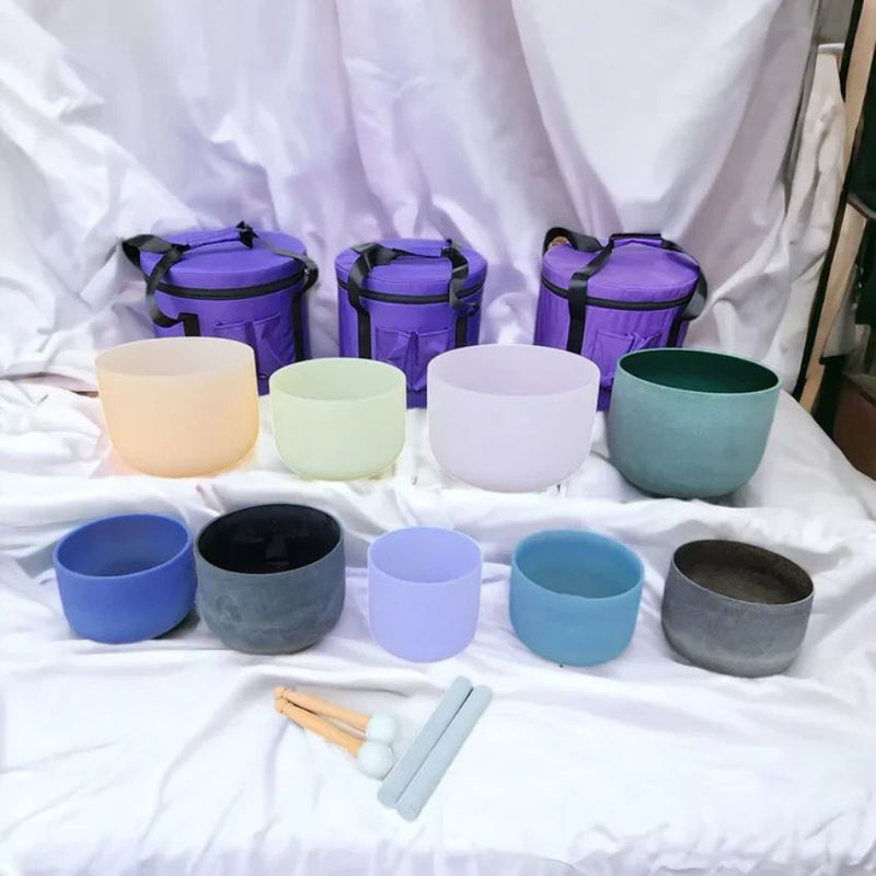 Gem Fused Set of 9 Chakra Quartz Crystal Singing Bowls includes Premium Earth Star and Soul Purpose Chakra packed in 3 Padded Secured Cases