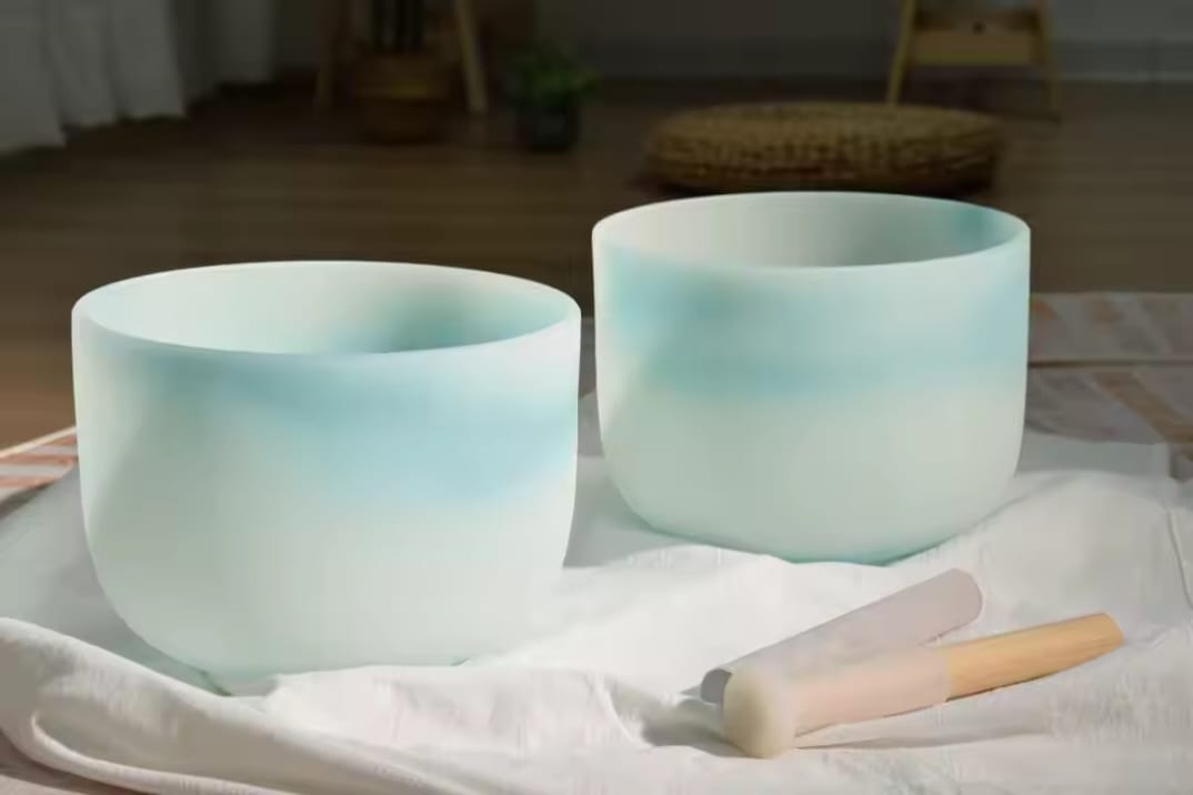 Binaural Beats Theta Pair – 432 Hz F Note Ocean Aura Opalescent Crystal Singing Bowls (12″)