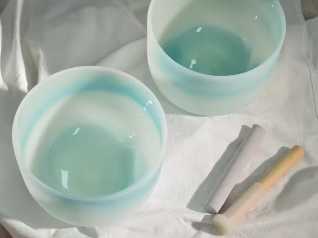 Binaural Beats Theta Pair – 432 Hz F Note Ocean Aura Opalescent Crystal Singing Bowls (12″)