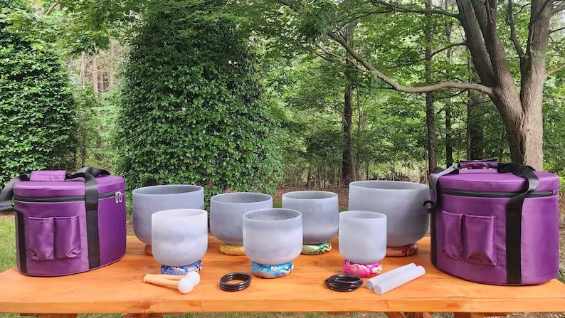 432Hz 6-12 Inch Chakra Crystal Singing Bowl 7 Set Moldavite Gem Fused with Silk O-rings, Secure Cases, Sound Healing, Vibrational, Harmonic - Thecosmicaccess