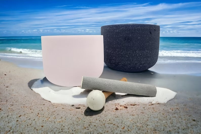 432Hz 8" F Note Morganite and 10" D Note Sapphire Gem Fused Crystal Singing Bowls with Padded Secure Case, Suede Striker, Mallet and O-ring - Thecosmicaccess
