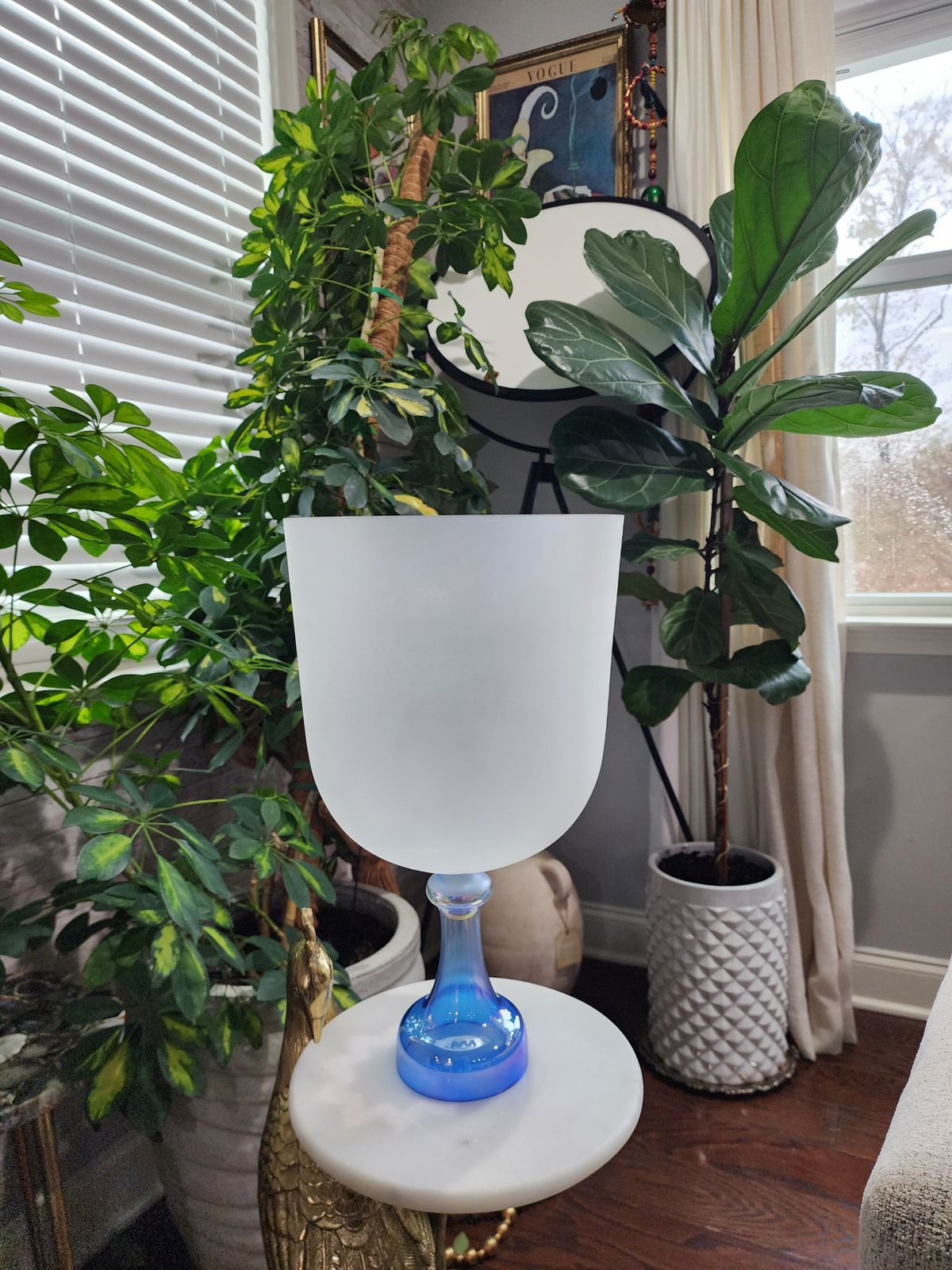 9.3" Lotus Engraved Opal Lapiz Lazuli Gem Fused  Holy Grail Chalice with Padded Case and Suede Striker