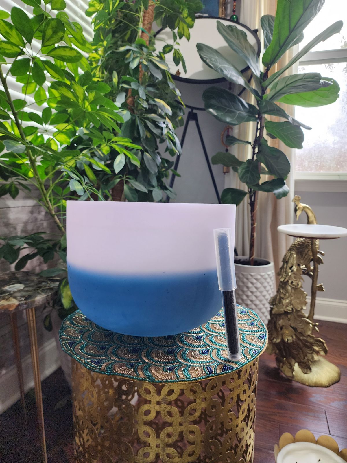 432Hz 12 inches Morganite & Lapiz Lazuli Gem Fused Crystal Singing Bowl with Padded Case and Crystal filled Striker