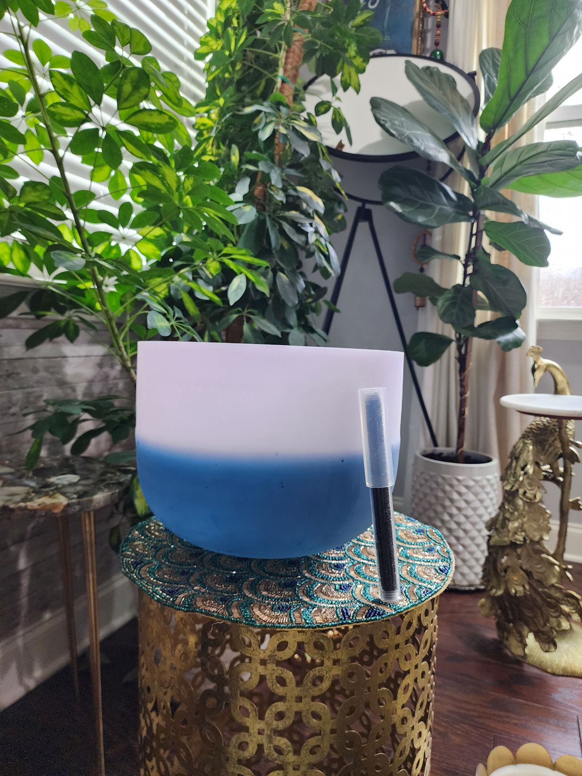 432Hz 12 inches Morganite & Lapiz Lazuli Gem Fused Crystal Singing Bowl with Padded Case and Crystal filled Striker