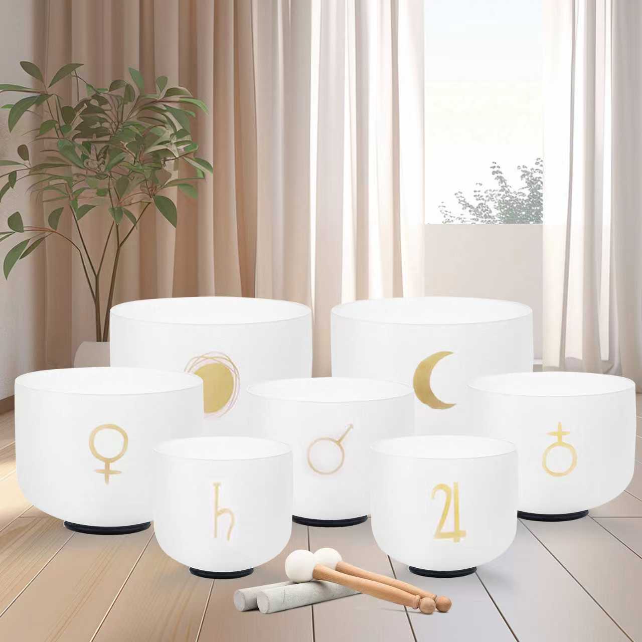 Planetary 432Hz Perfect Pitch 7 Chakra Crystal Singing Bowl Set with Padded Secure Cases, Strikers and O-rings
