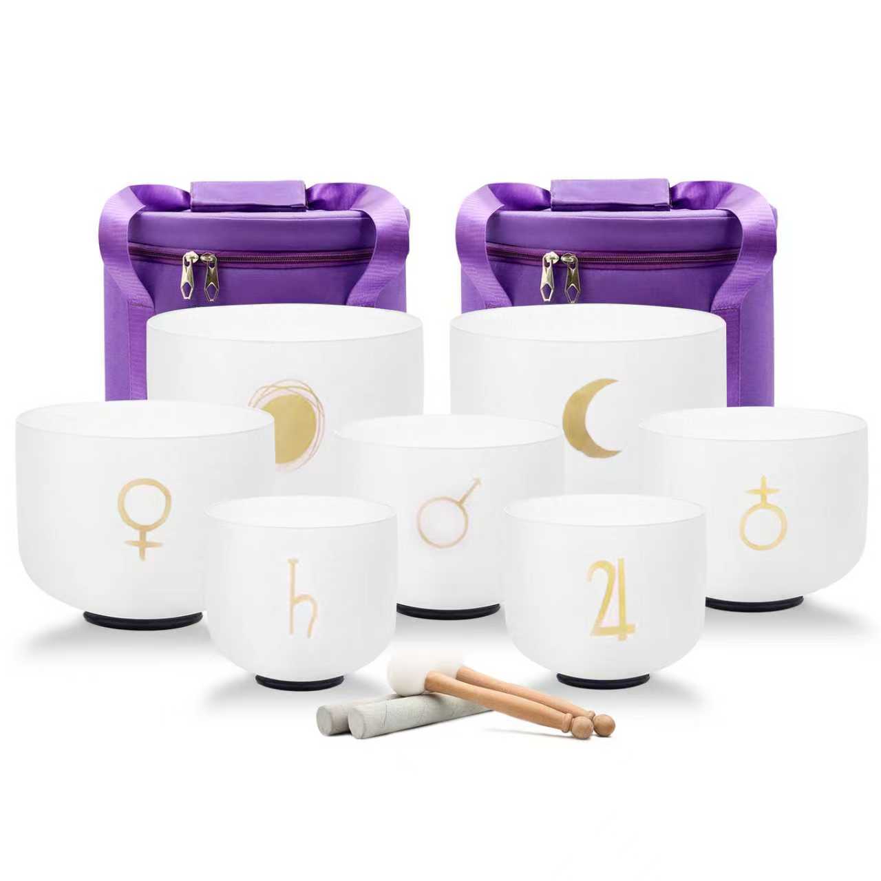 Planetary 432Hz Perfect Pitch 7 Chakra Crystal Singing Bowl Set with Padded Secure Cases, Strikers and O-rings